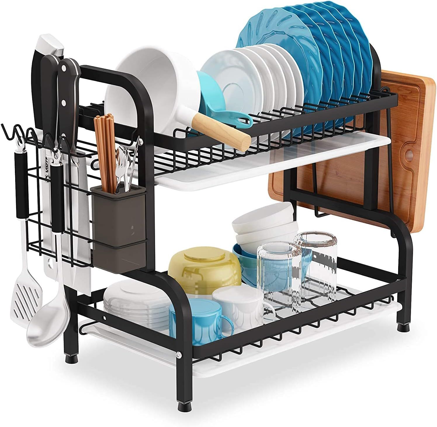 2 Tier Dish Drainer, Dish Drying Rack with Drip Tray,Dish Drainer with Drainboard and Utensil Holder(Black)_0