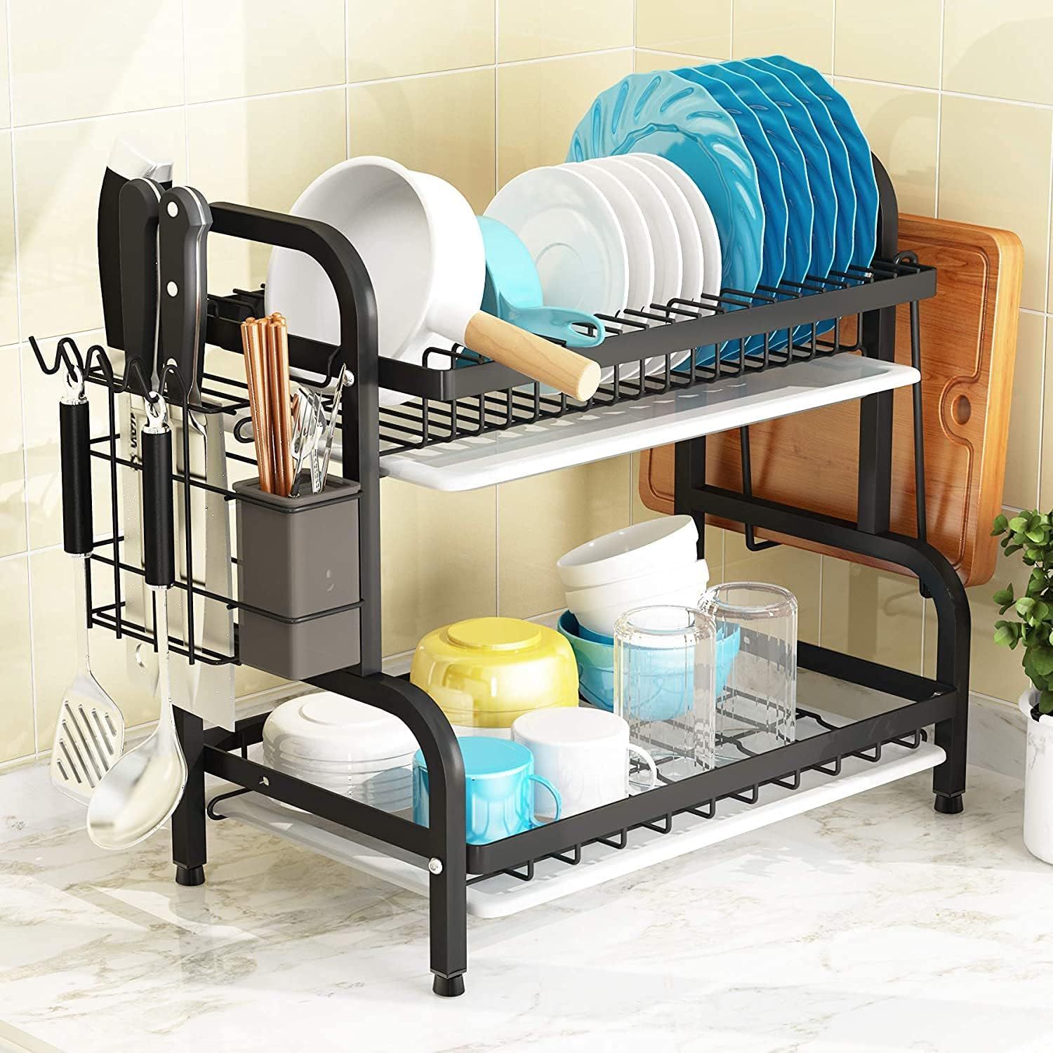 2 Tier Dish Drainer, Dish Drying Rack with Drip Tray,Dish Drainer with Drainboard and Utensil Holder(Black)_1