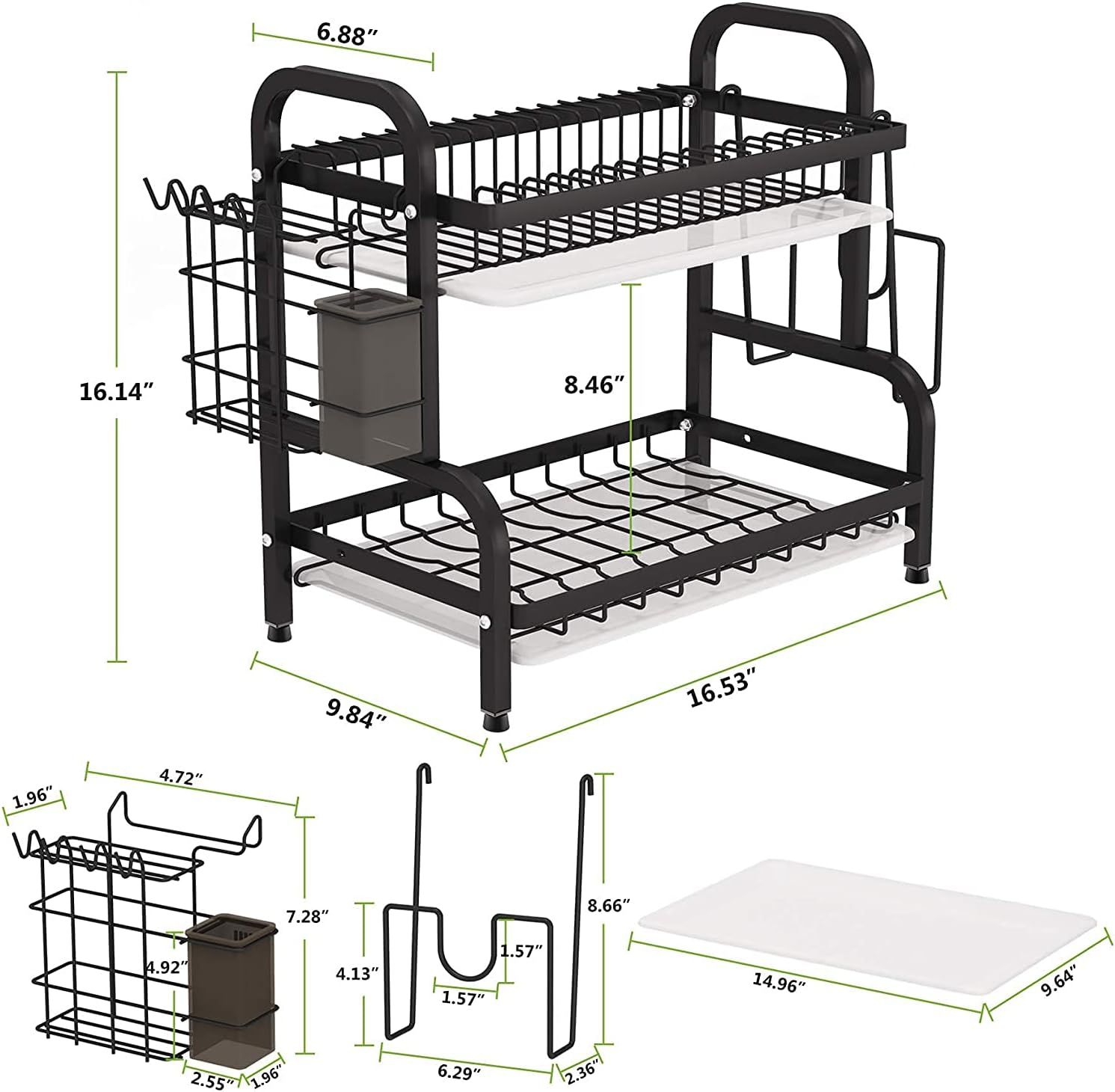 2 Tier Dish Drainer, Dish Drying Rack with Drip Tray,Dish Drainer with Drainboard and Utensil Holder(Black)_3