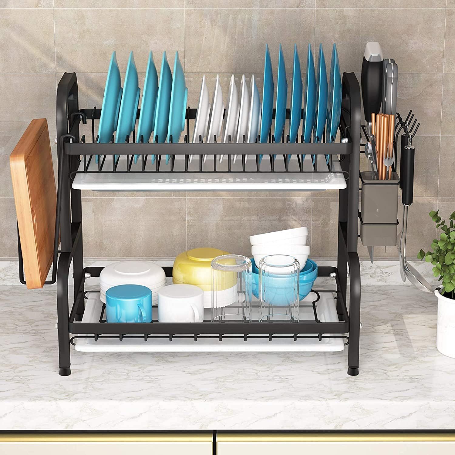 2 Tier Dish Drainer, Dish Drying Rack with Drip Tray,Dish Drainer with Drainboard and Utensil Holder(Black)_2