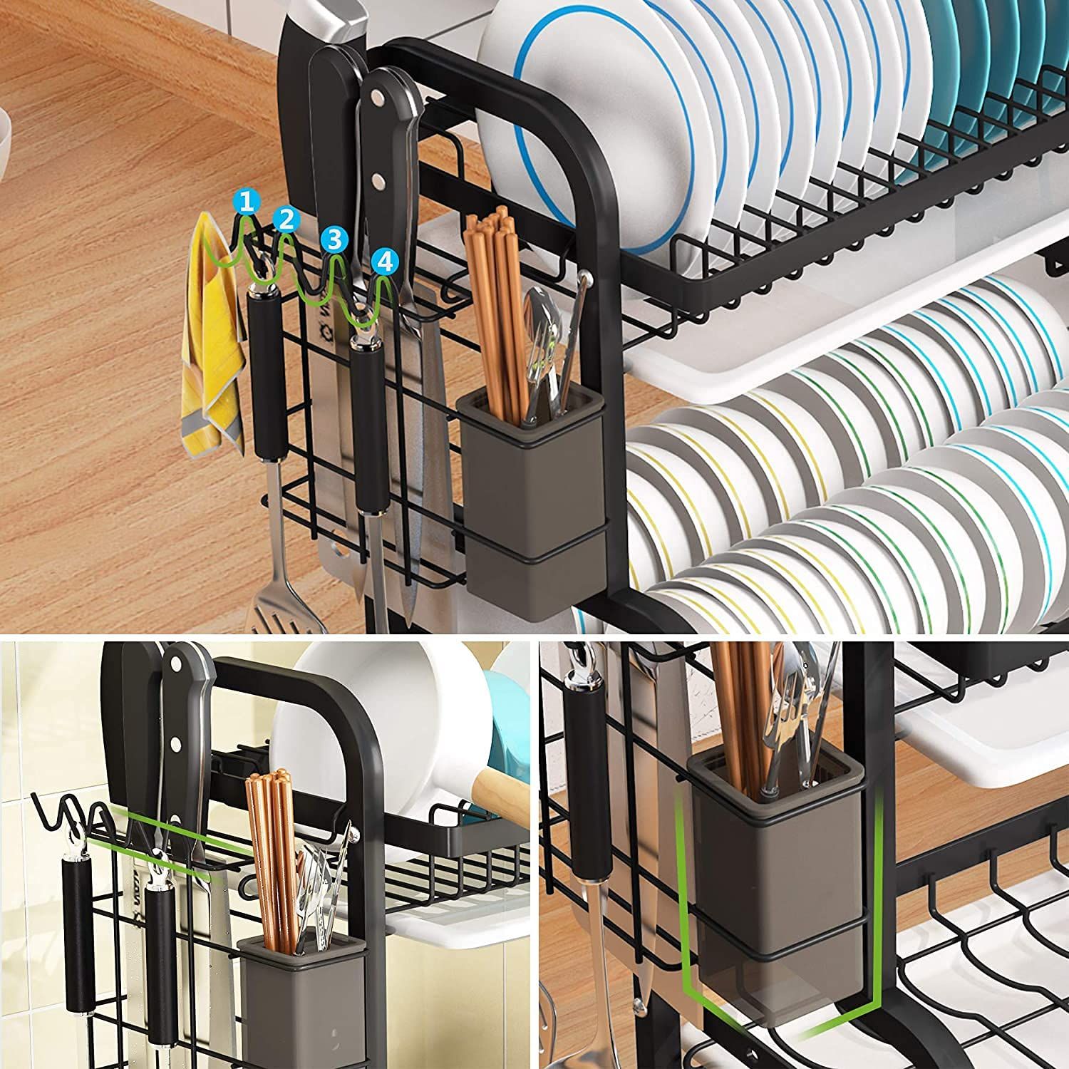 2 Tier Dish Drainer, Dish Drying Rack with Drip Tray,Dish Drainer with Drainboard and Utensil Holder(Black)_4