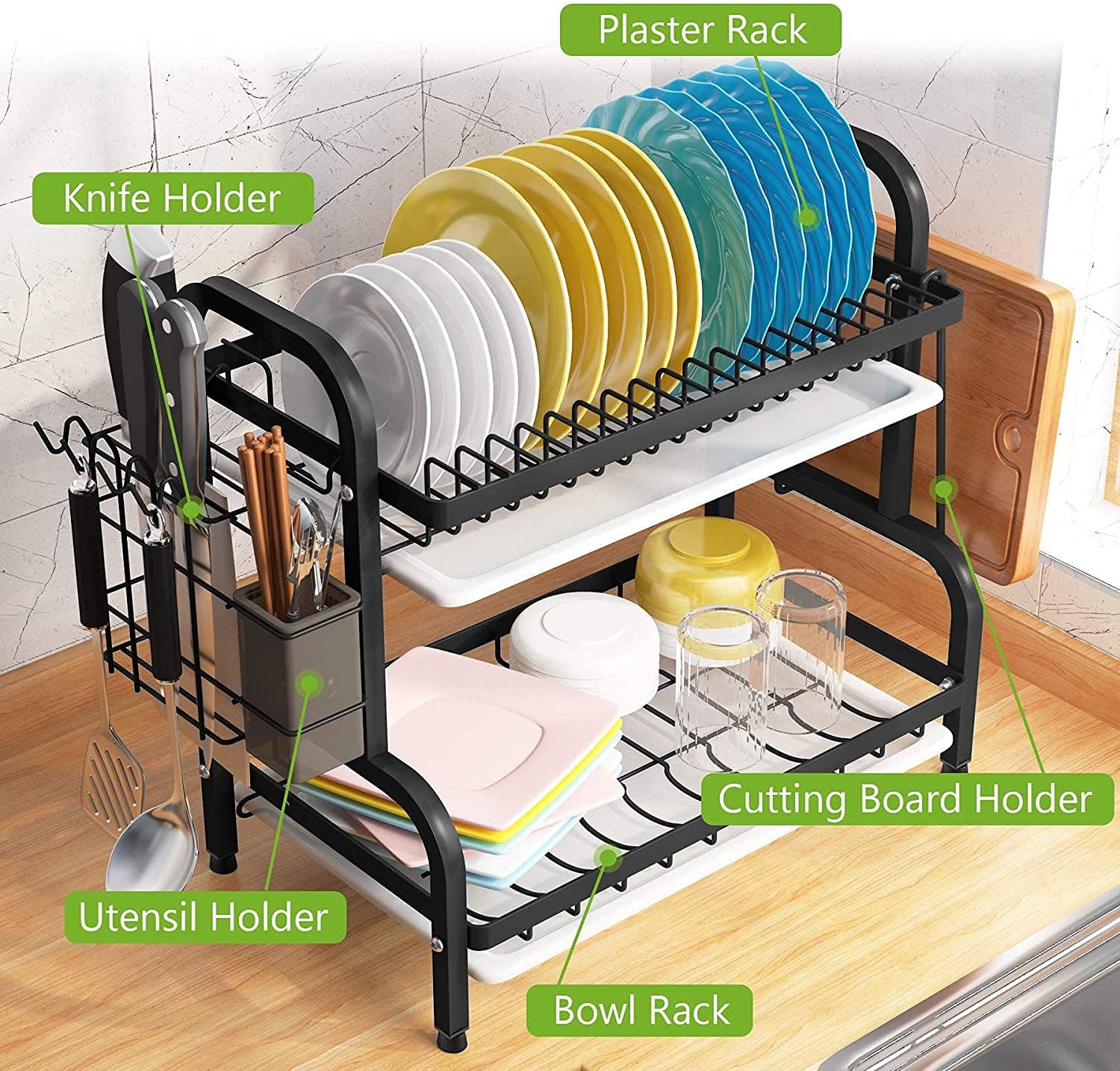 2 Tier Dish Drainer, Dish Drying Rack with Drip Tray,Dish Drainer with Drainboard and Utensil Holder(Black)_5