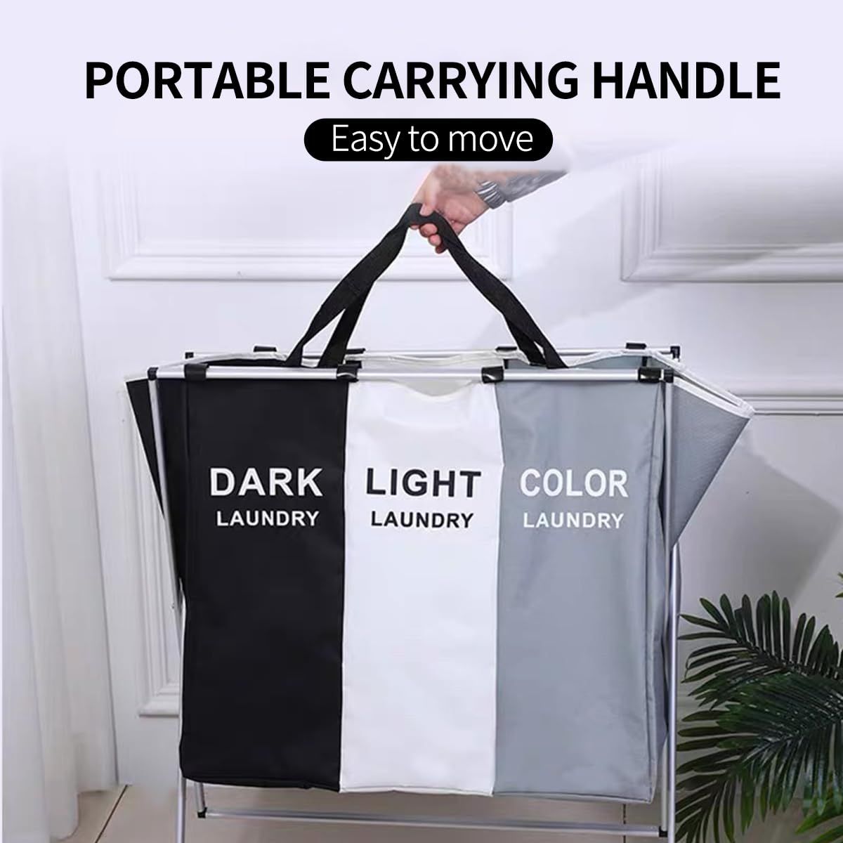 3 Sections, Foldable Laundry Hamper Sorter for Bedroom Bathroom Dorm, Waterproof Divided Dirty Clothes Basket with Aluminum Frame_5