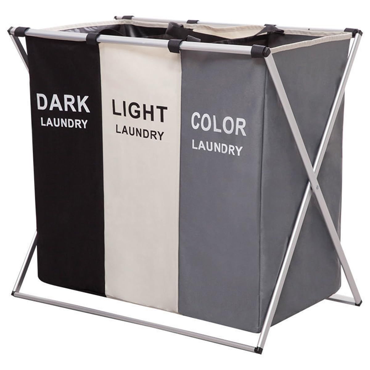 3 Sections, Foldable Laundry Hamper Sorter for Bedroom Bathroom Dorm, Waterproof Divided Dirty Clothes Basket with Aluminum Frame_0