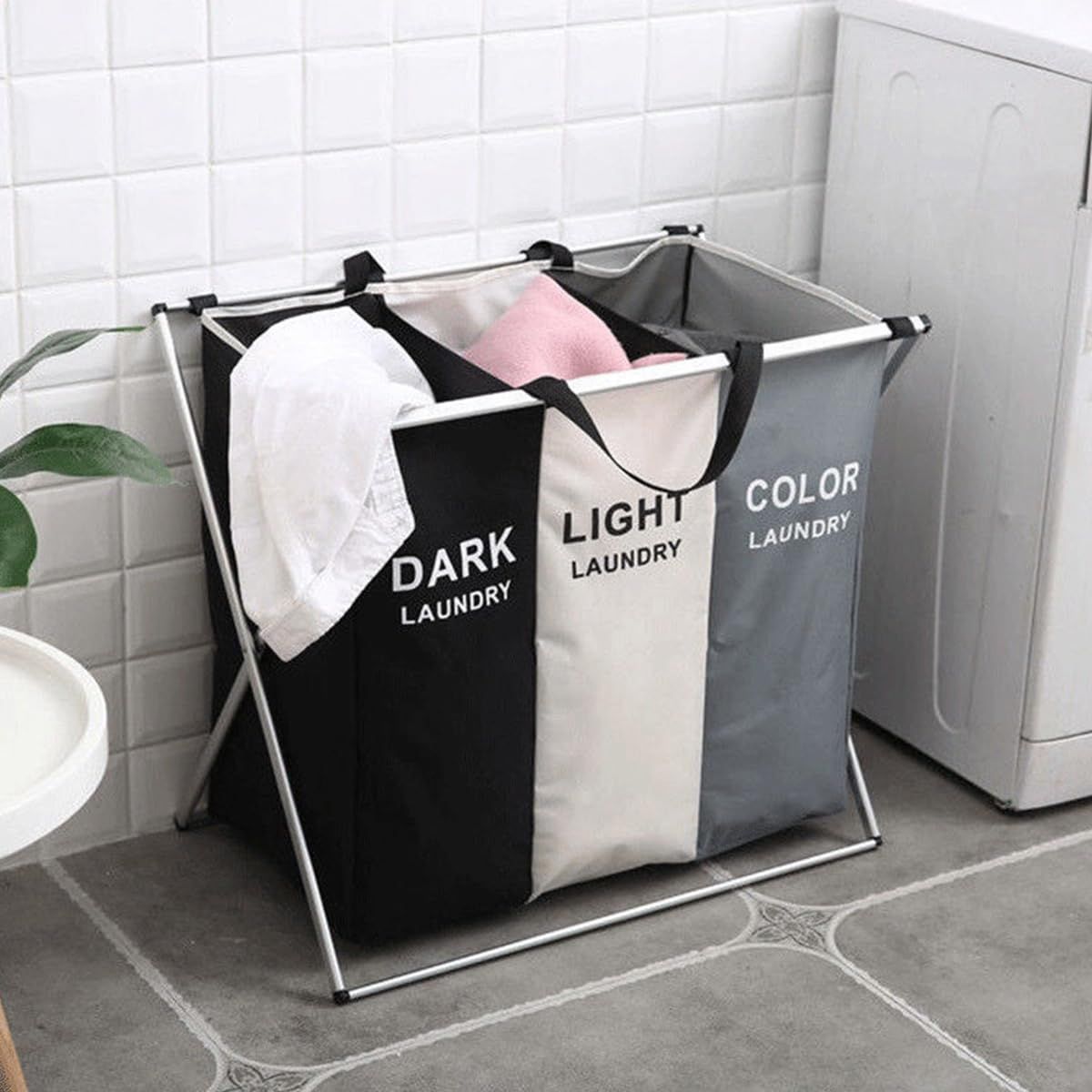 3 Sections, Foldable Laundry Hamper Sorter for Bedroom Bathroom Dorm, Waterproof Divided Dirty Clothes Basket with Aluminum Frame_1