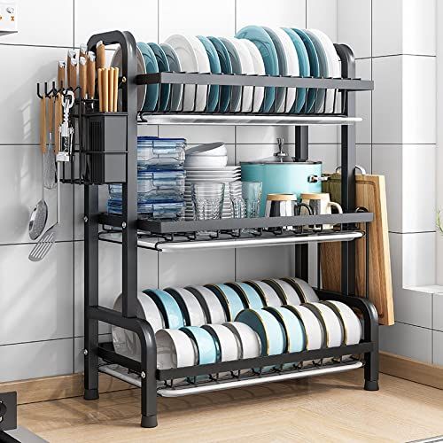 Kitchen Dish Organizer Rack, Steel Organizer Rack Dish Drying Rack Kitchen Utility Storage with Hooks Space Save, 3 layers Kitchen Rack_1