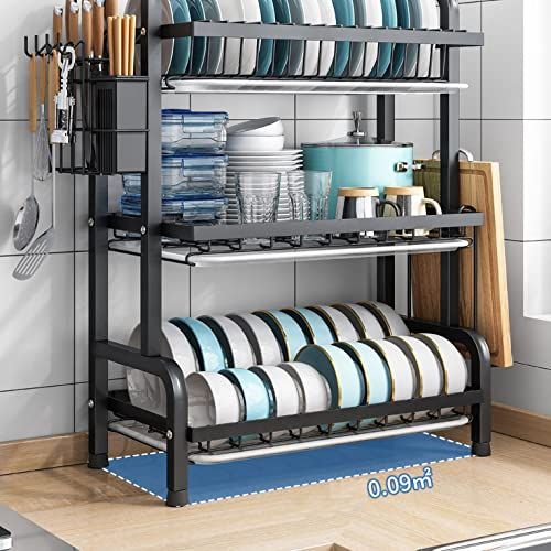 Kitchen Dish Organizer Rack, Steel Organizer Rack Dish Drying Rack Kitchen Utility Storage with Hooks Space Save, 3 layers Kitchen Rack_2