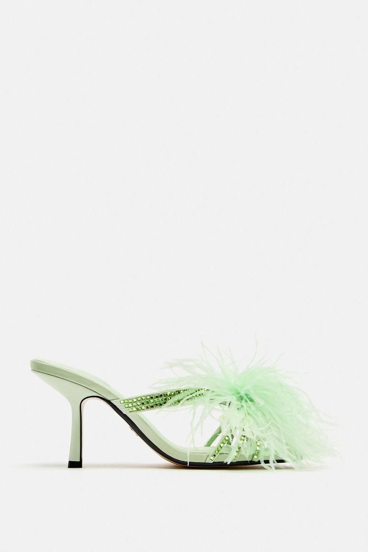 SANDALES À TALONS HAUTS AVEC PLUMES - Couleur Vert_3