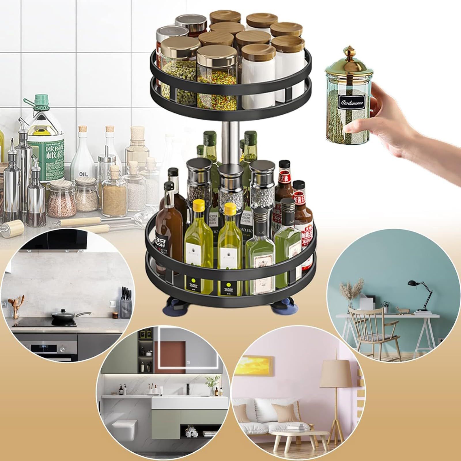 Turntable Organiser, Spice Rack, Rotatable Kitchen Shelf, Standing, 360° Rotating Carbon Steel Spice Rack, Height Adjustable for Spices, Spice Jars, Black, 2-Tier_2