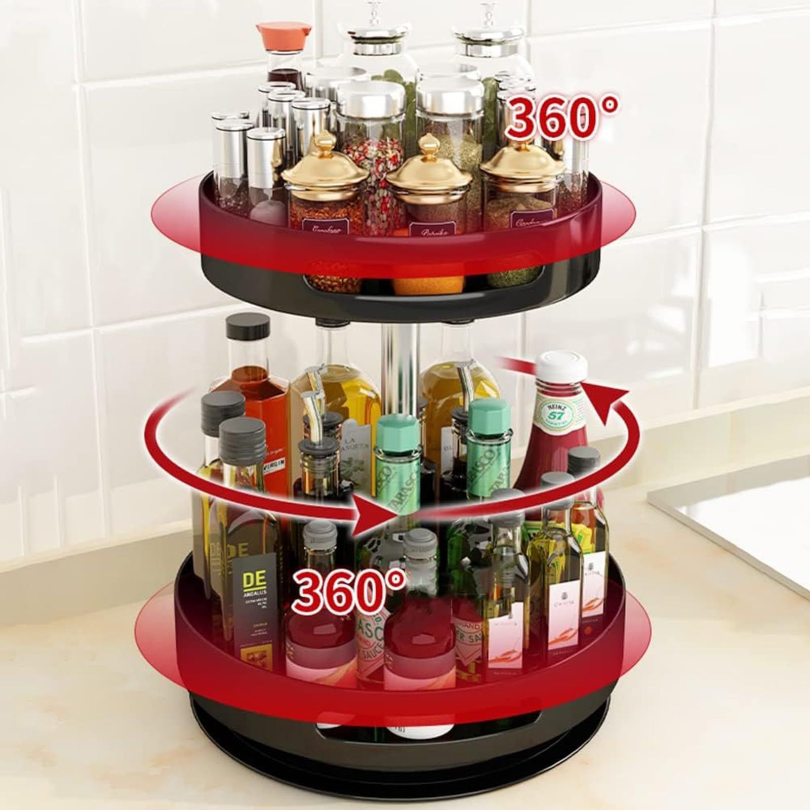 Turntable Organiser, Spice Rack, Rotatable Kitchen Shelf, Standing, 360° Rotating Carbon Steel Spice Rack, Height Adjustable for Spices, Spice Jars, Black, 2-Tier_1