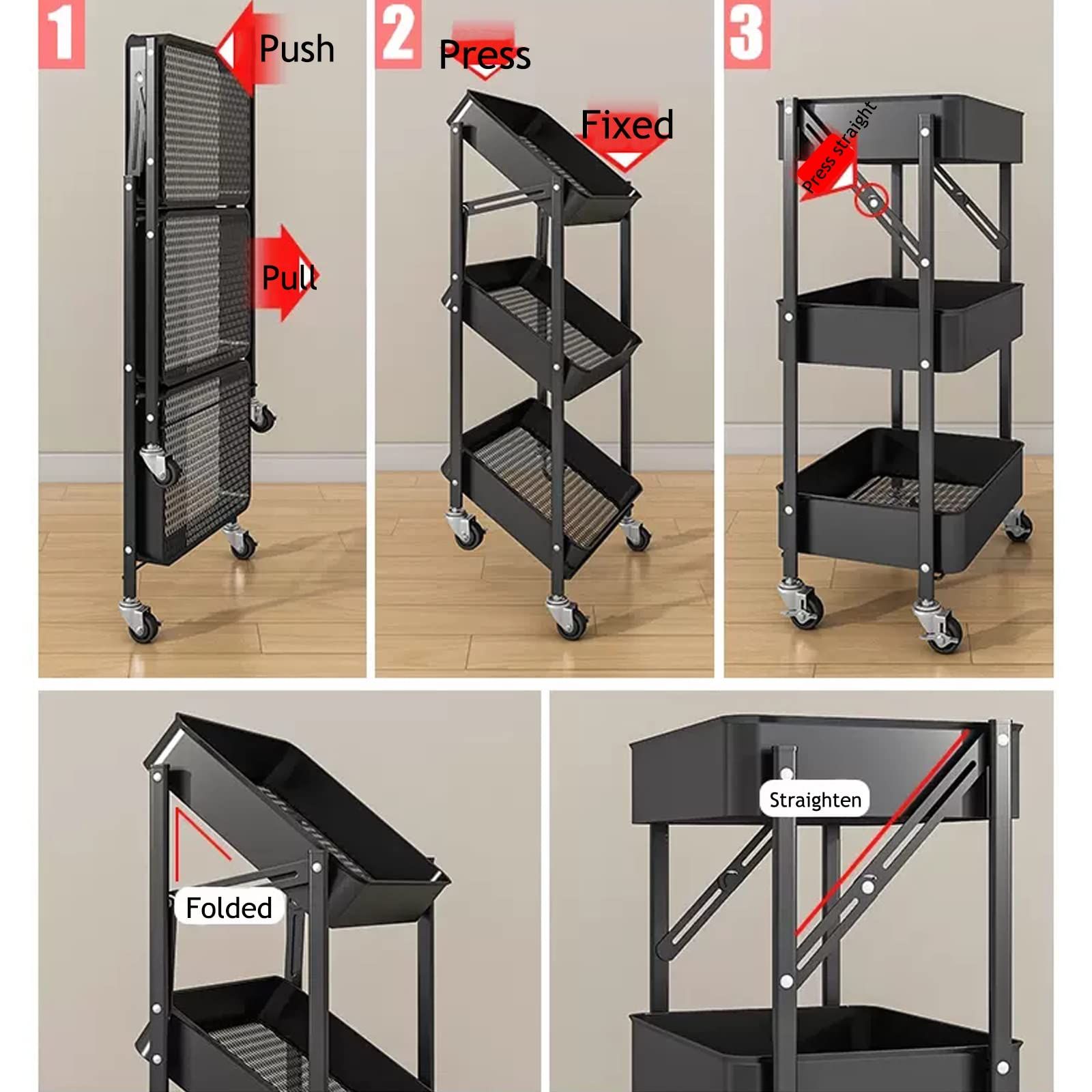 3-Tier Storage Rack, Utility Organiser Shelf, Fruit and Vegetable Storage Trolley, Shelf for Pantry, Kitchen, Office, Bathroom, Perfect for Fruit, Vegetables, Snacks, Metal and Carbon Steel, S_1