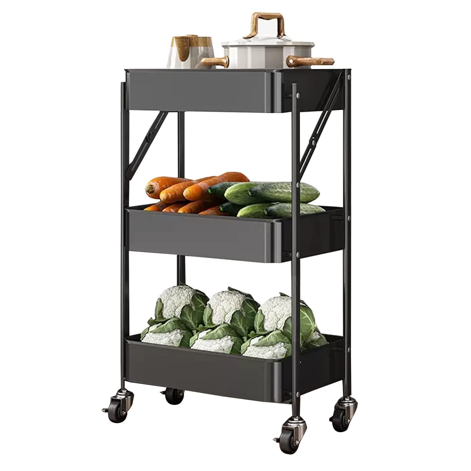 3-Tier Storage Rack, Utility Organiser Shelf, Fruit and Vegetable Storage Trolley, Shelf for Pantry, Kitchen, Office, Bathroom, Perfect for Fruit, Vegetables, Snacks, Metal and Carbon Steel, S_0