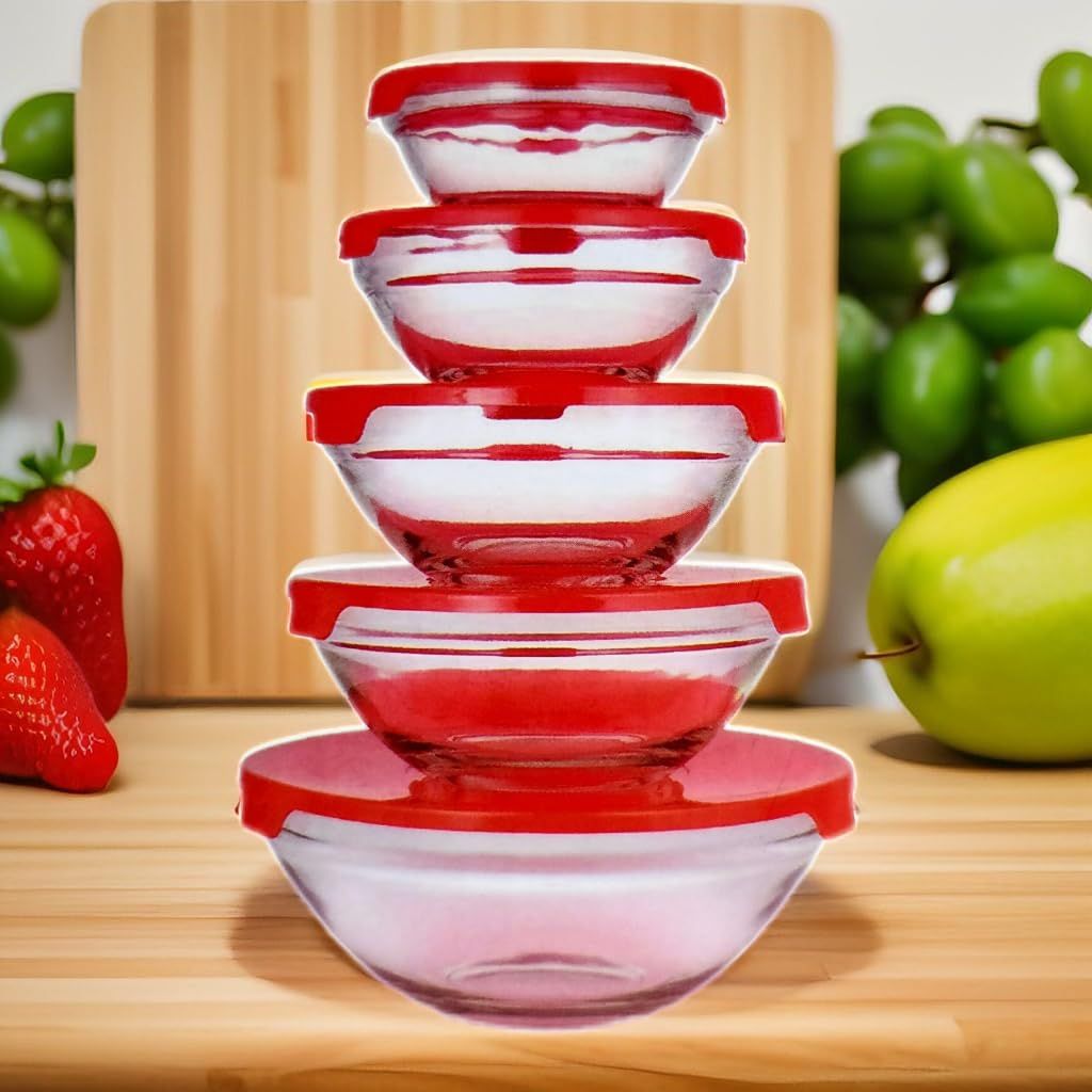  Mixing Bowls Set with Red Lids- Set of 5 Pcs Glass Food Storage Containers_4