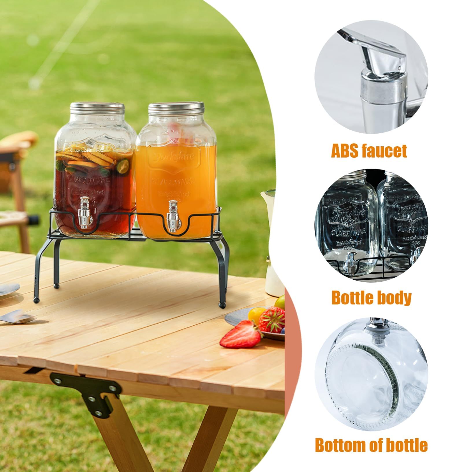 Glass Beverage Dispenser with Stand Juice Dispenser with Lid and Faucet Drink Dispensers for Parties, Picnics, Barbecues and Daily, Drink Dispenser_2