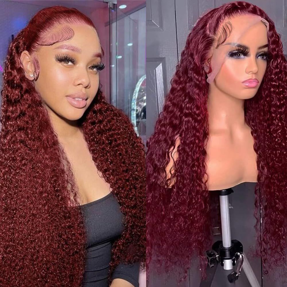 Burgundy Lace Front Wig Human Hair 99J 13x6 Deep Wave Lace Front Wigs Human Hair Pre Plucked 180 Density Red Colored Curly Glueless Human Hair Wig for Women with Baby Hair (26 inch)_1