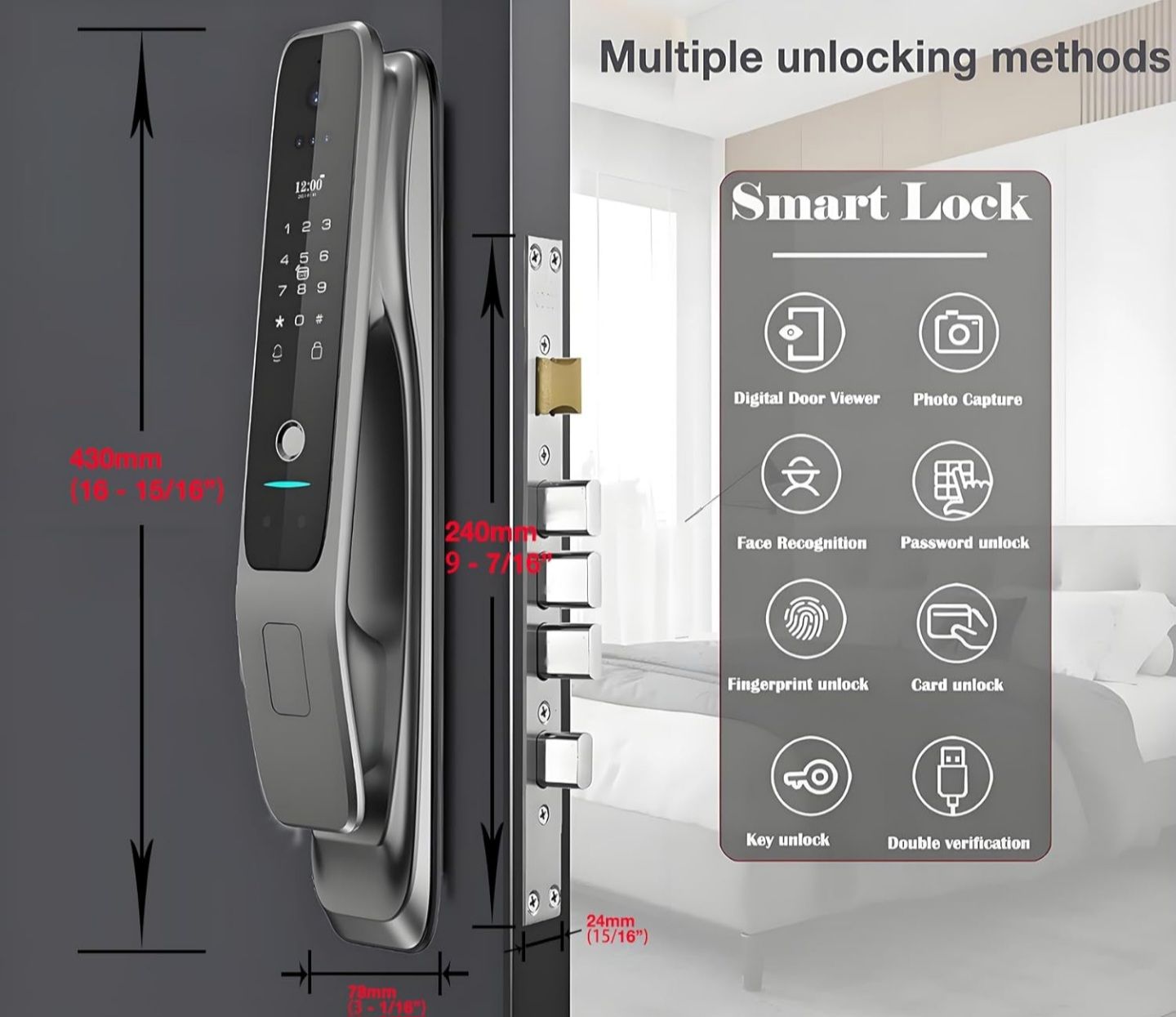 3D Face Recognition Door Lock 3D Face Smart Door Lock w/Camera, Fingerprint, Passcodes, IC Cards, Remote WiFi Control w/Keyless Smart Mortise Lock for Front Door via App_2