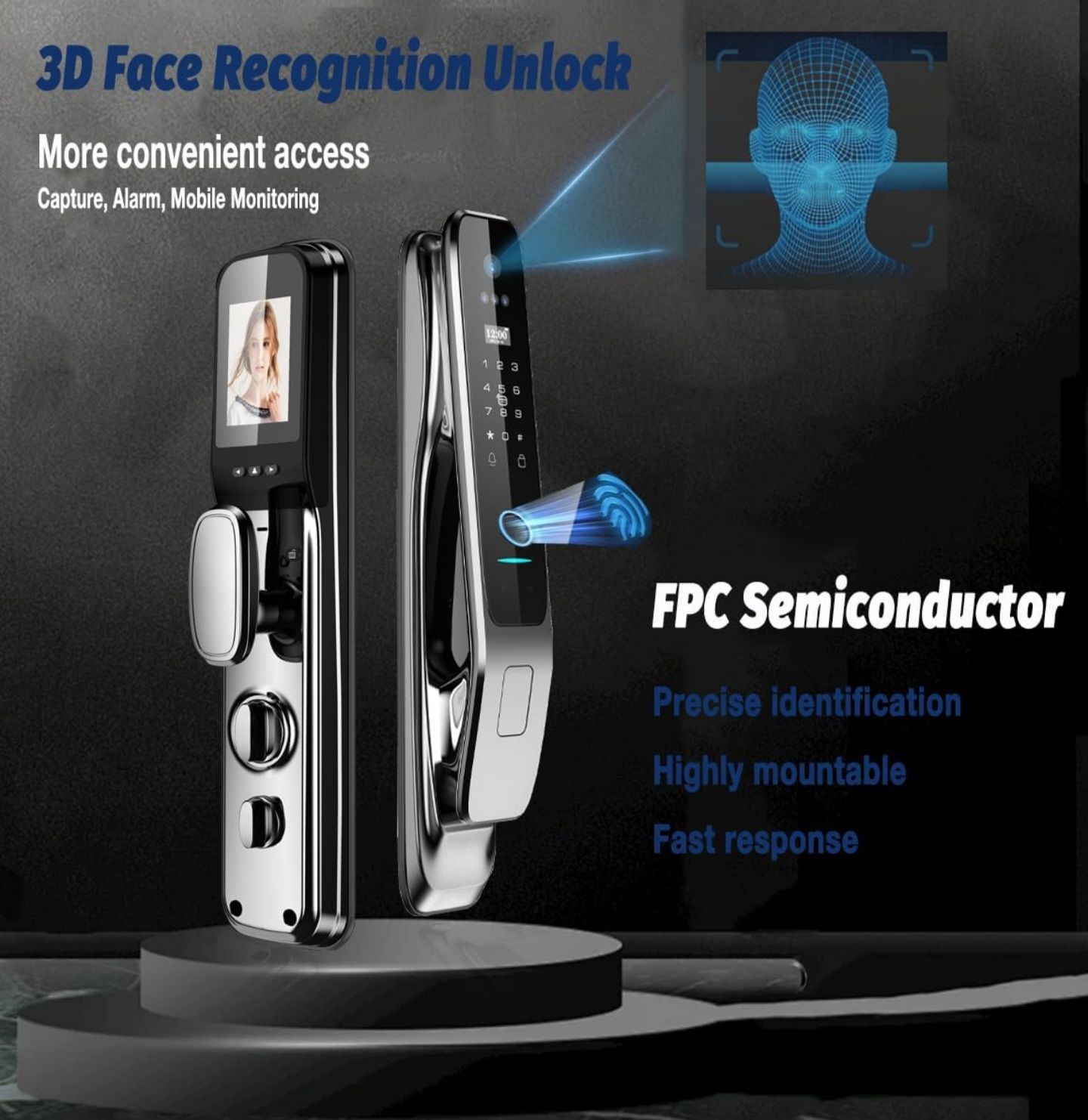 3D Face Recognition Door Lock 3D Face Smart Door Lock w/Camera, Fingerprint, Passcodes, IC Cards, Remote WiFi Control w/Keyless Smart Mortise Lock for Front Door via App_1