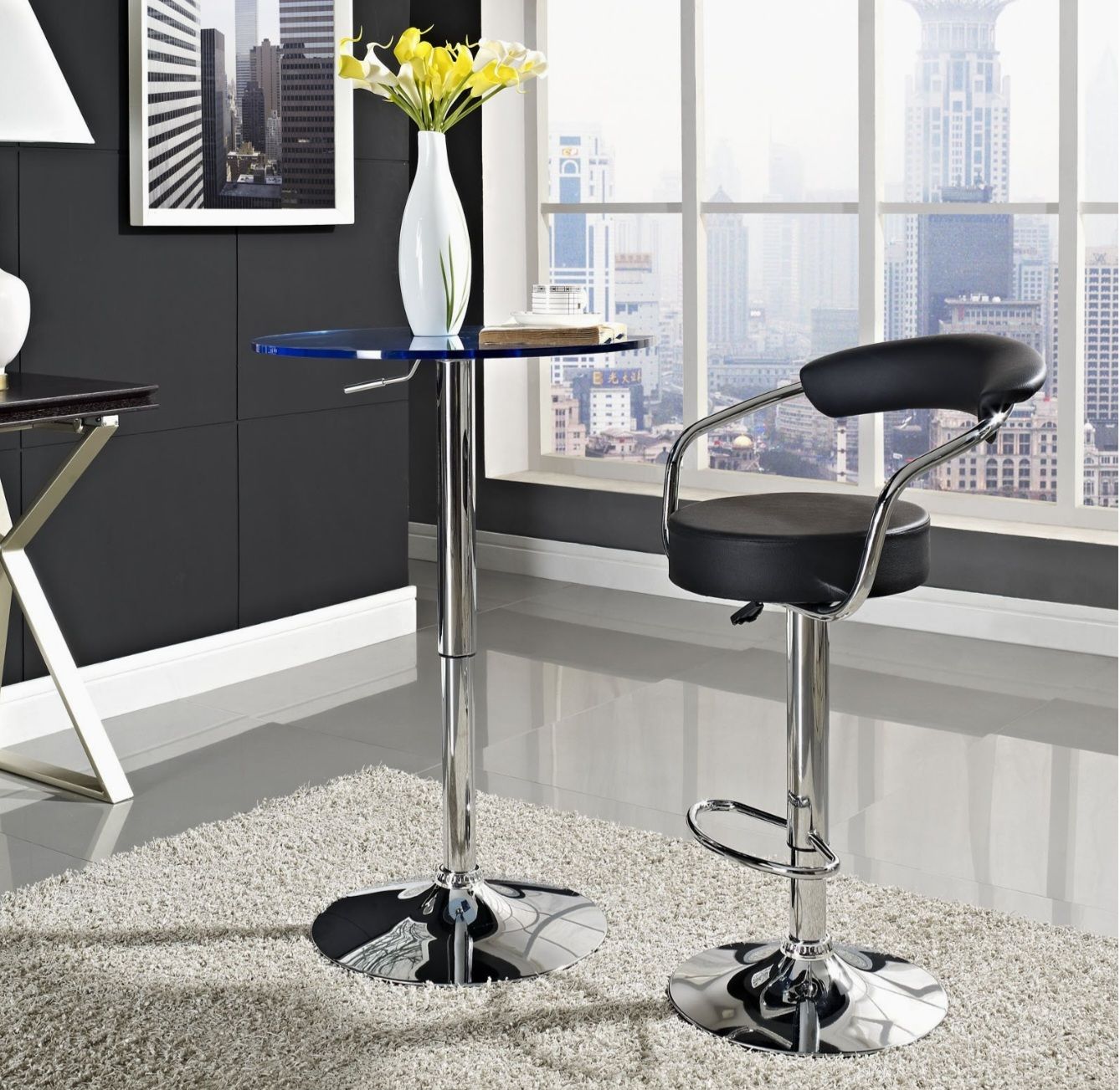 Diner Vintage Modern Faux Leather Upholstered Adjustable Swivel Bar Stool in Black_11