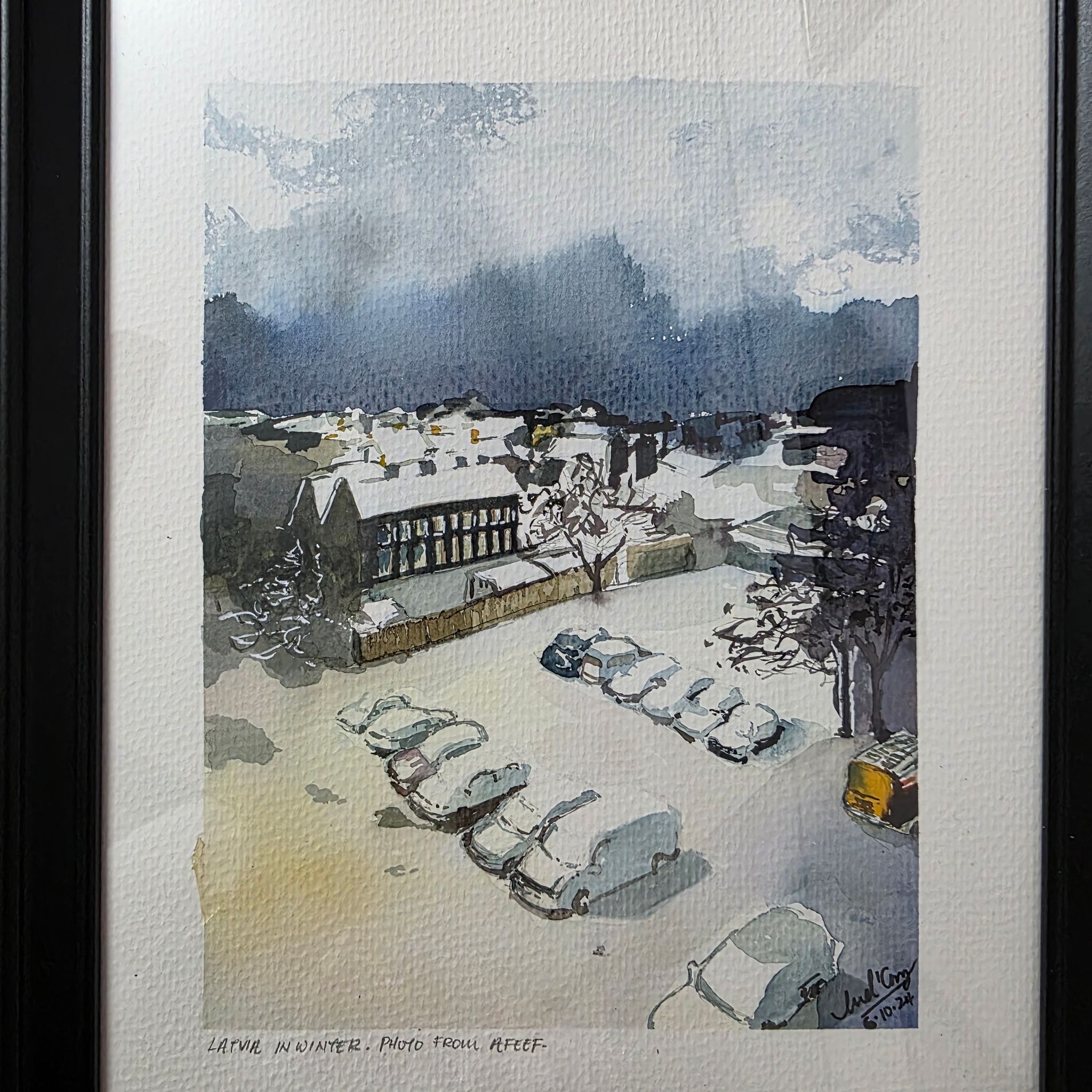 Original Watercolour Painting – ‘Latvia in Winter’ (Framed, A4)_0