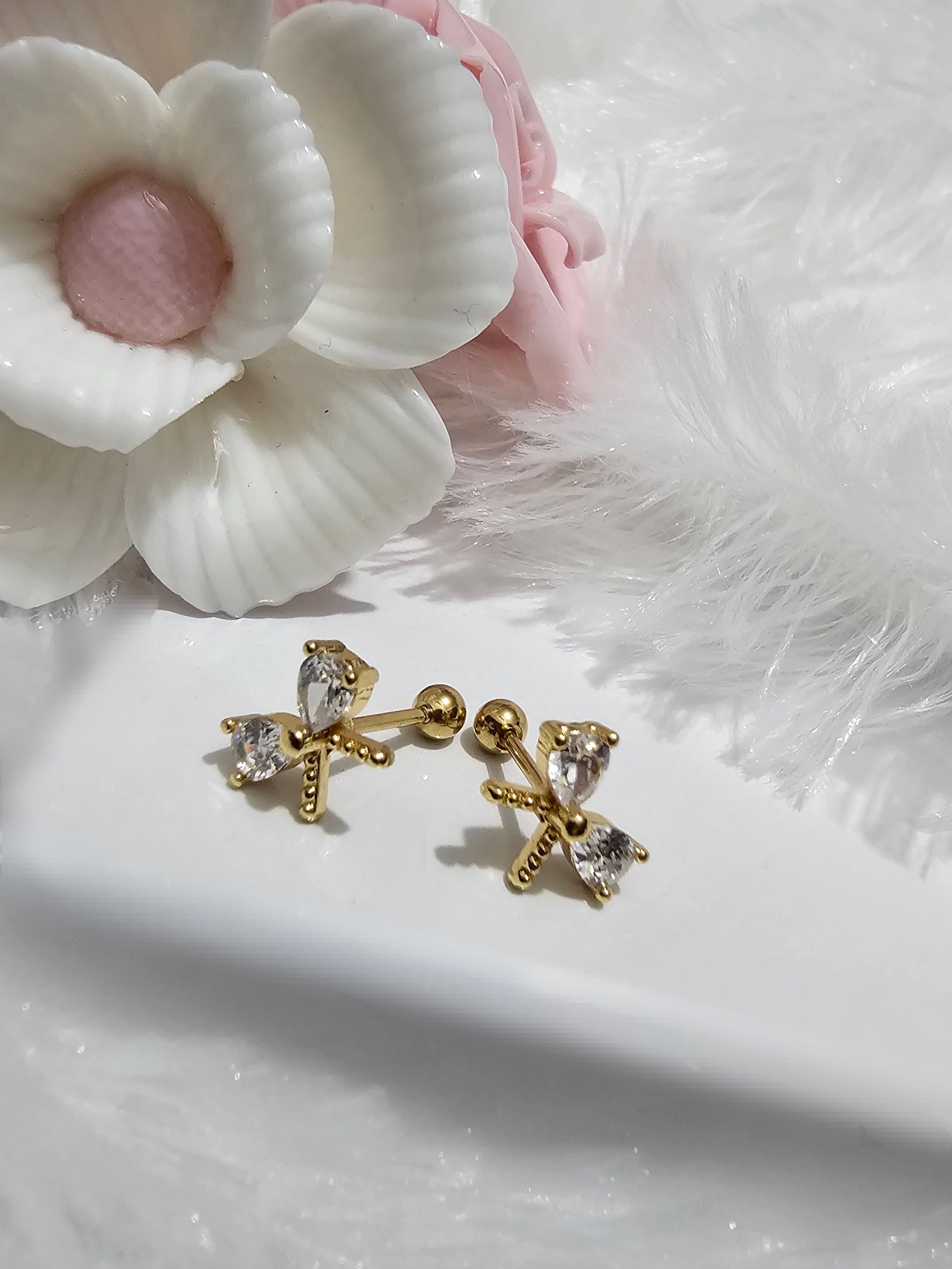 SS AD Bow White Stone Ear Stud_0