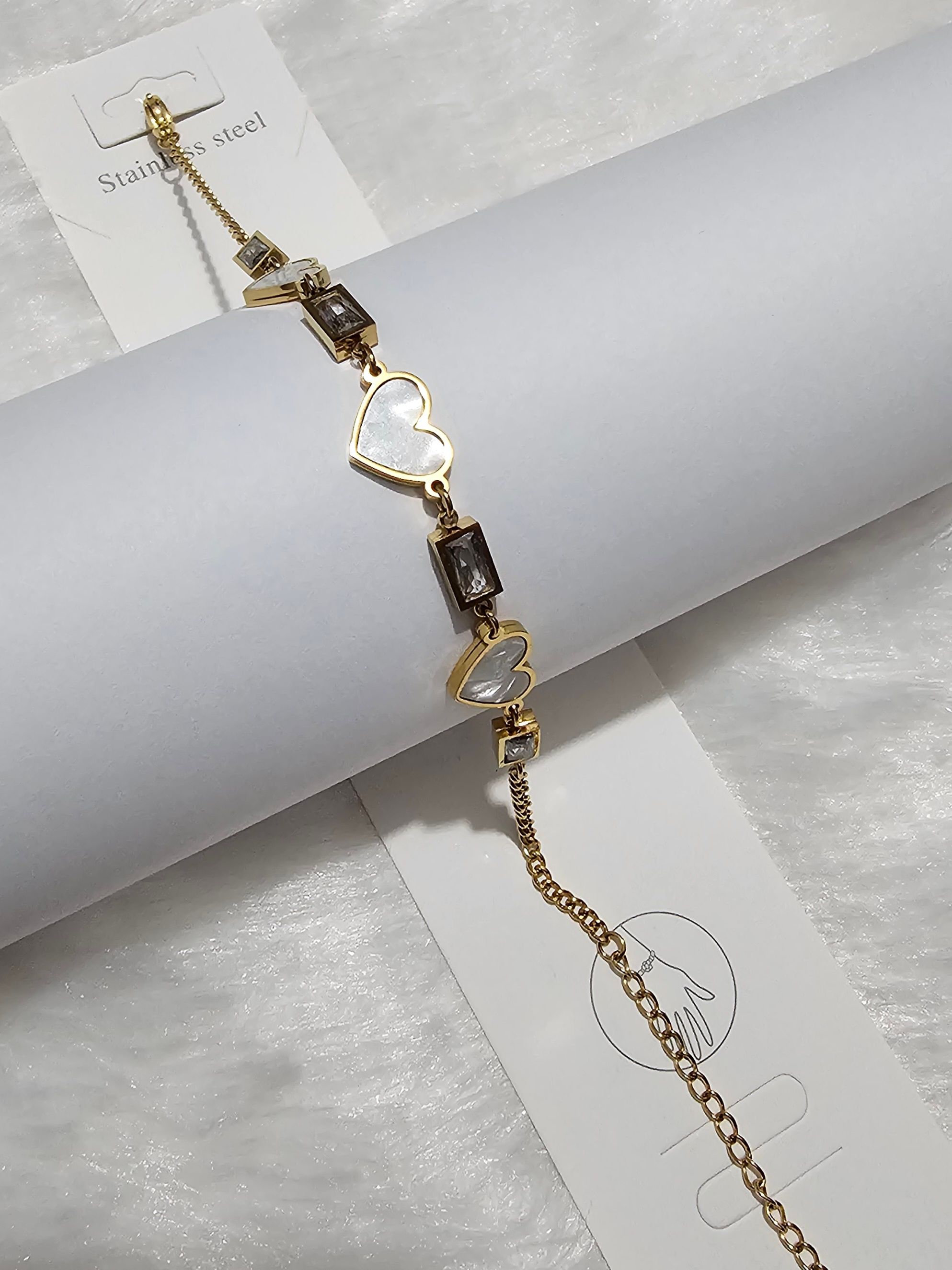 SS Gold White Heart Stone Bracelet_0