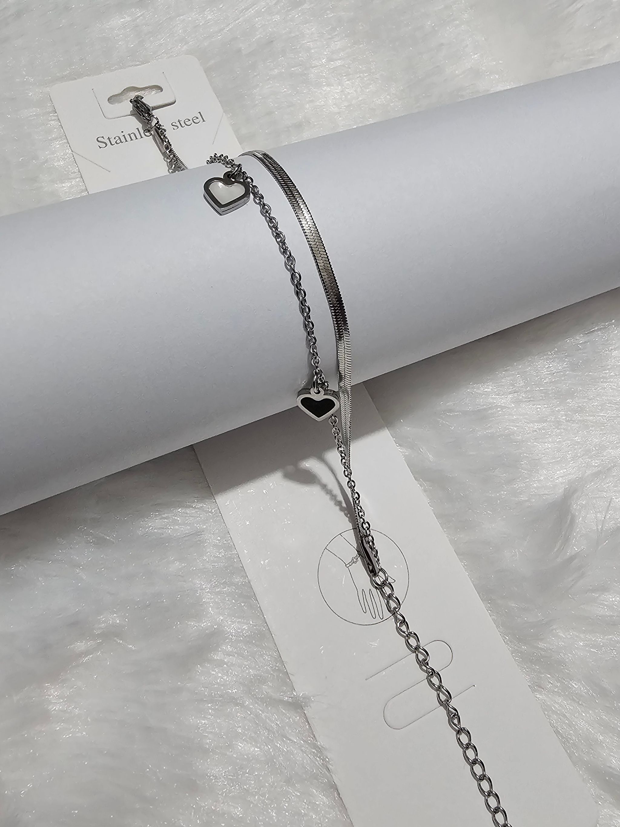 SS Silver White & Black Heart Stone Bracelet_0