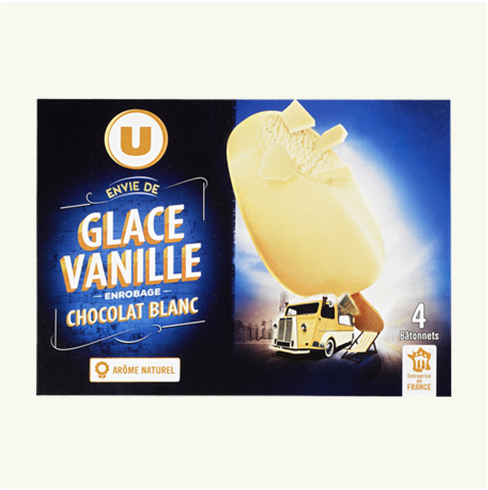 U Glace Vanille, Enrobage Chocolat Blanc, 4 bâtonnets_0