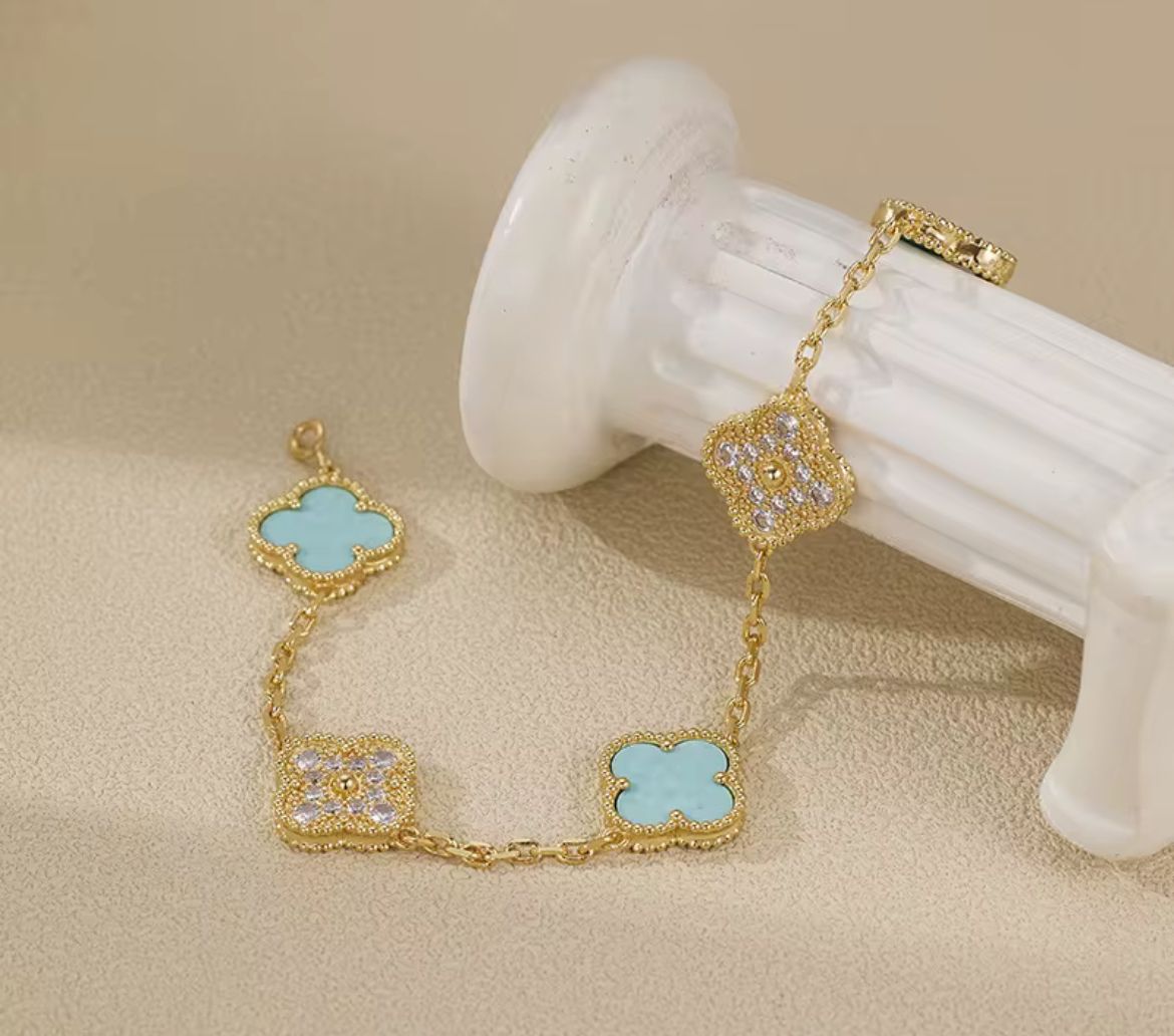 Aqua & Gold Diamond Clover Bracelet       _0