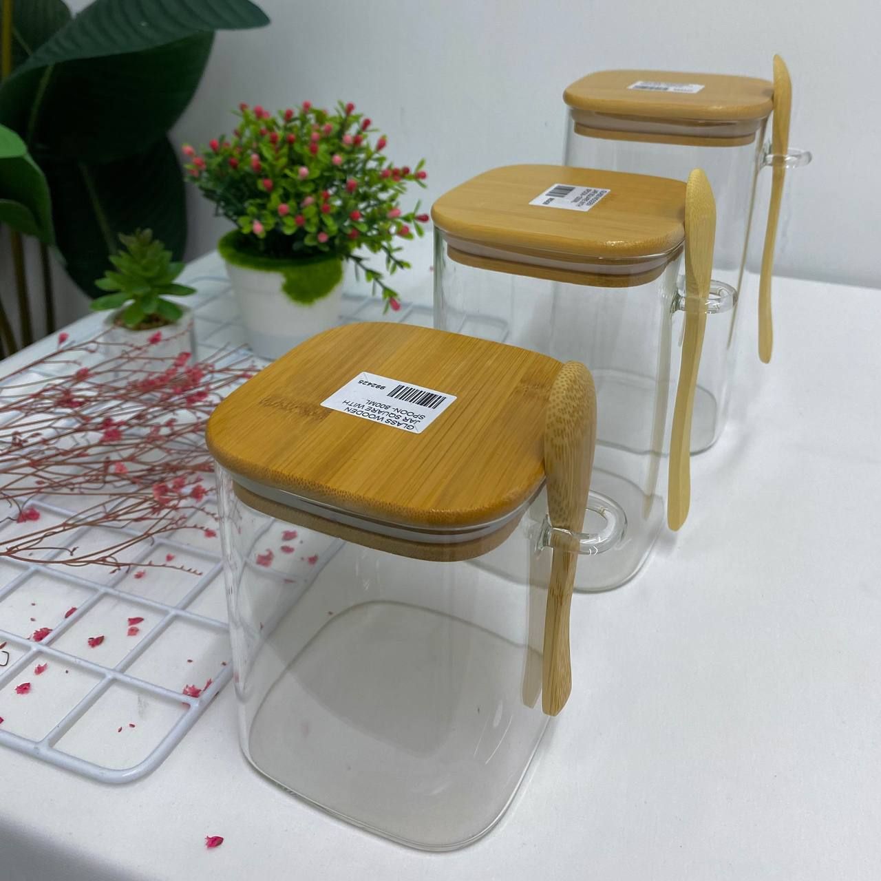 GLASS WOODEN JAR SQUARE WITH SPOON_5