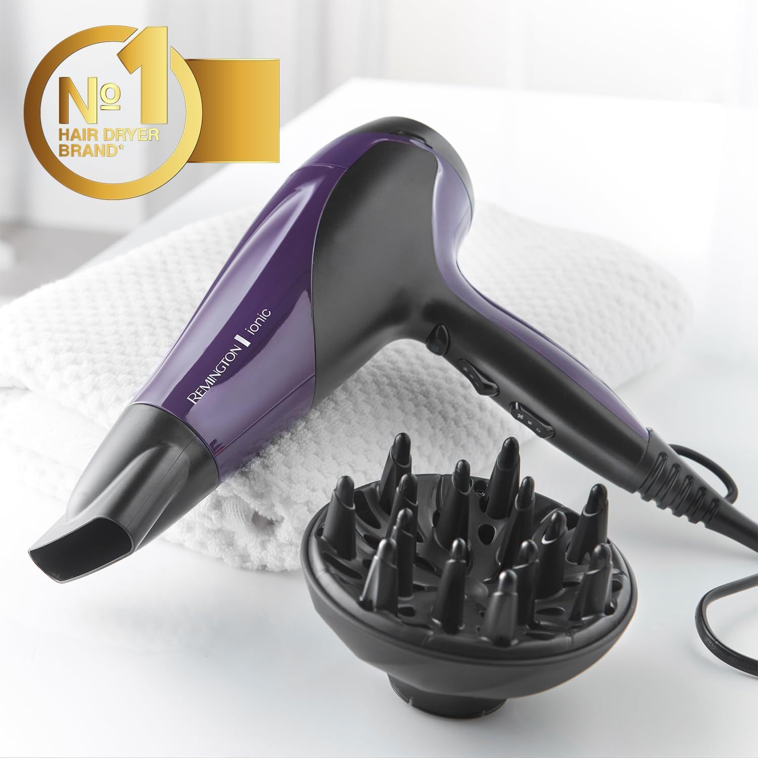 Remington Hair Dryer Ionic (Powerful, Fast Professional Styling, Diffuser, Concentrator, Ionic Conditioning for Frizz Free Hair, 3 Heat / 2 Speed Settings, Cool Shot, 2200W, Purple) D3190_2