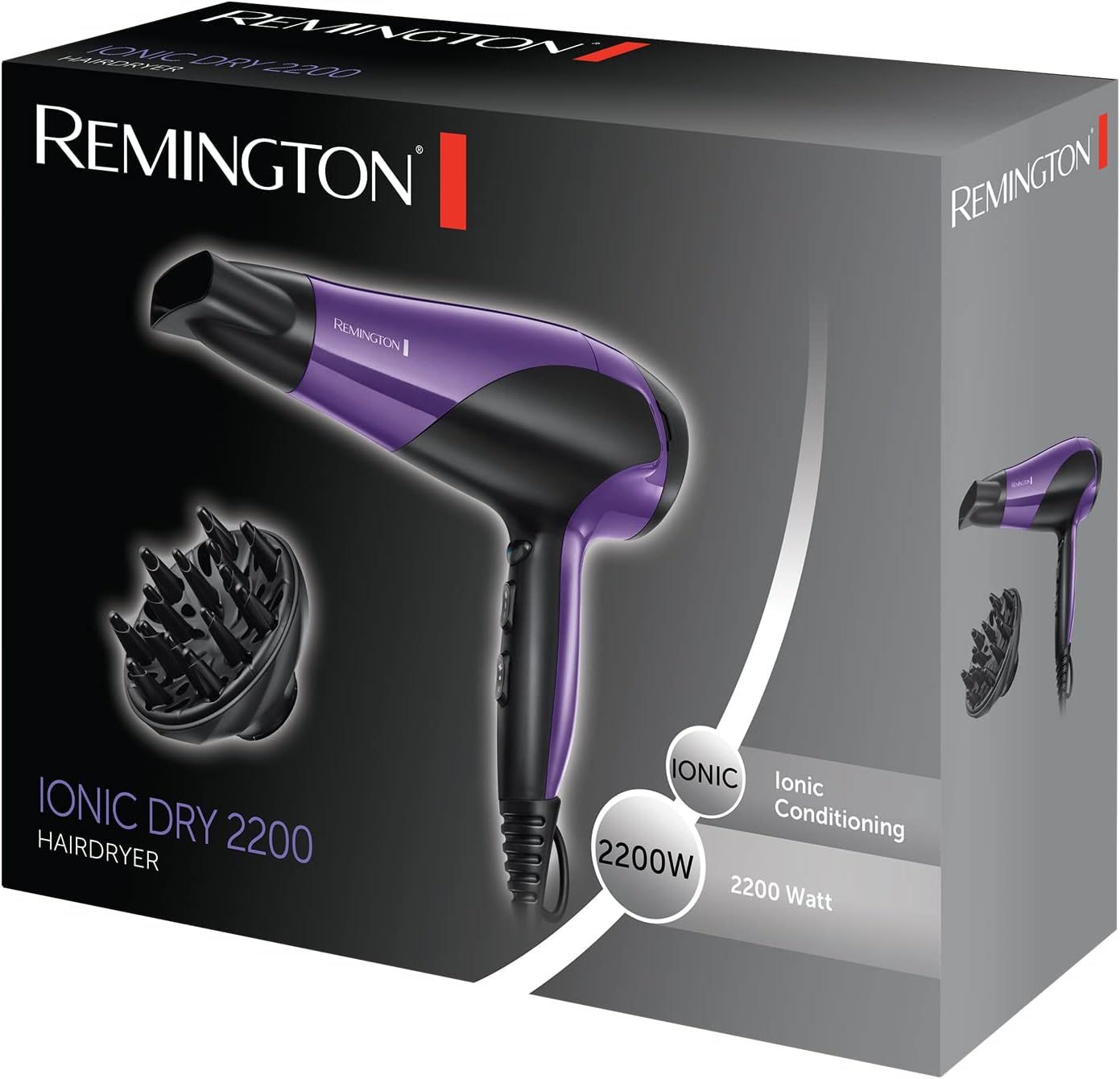Remington Hair Dryer Ionic (Powerful, Fast Professional Styling, Diffuser, Concentrator, Ionic Conditioning for Frizz Free Hair, 3 Heat / 2 Speed Settings, Cool Shot, 2200W, Purple) D3190_1