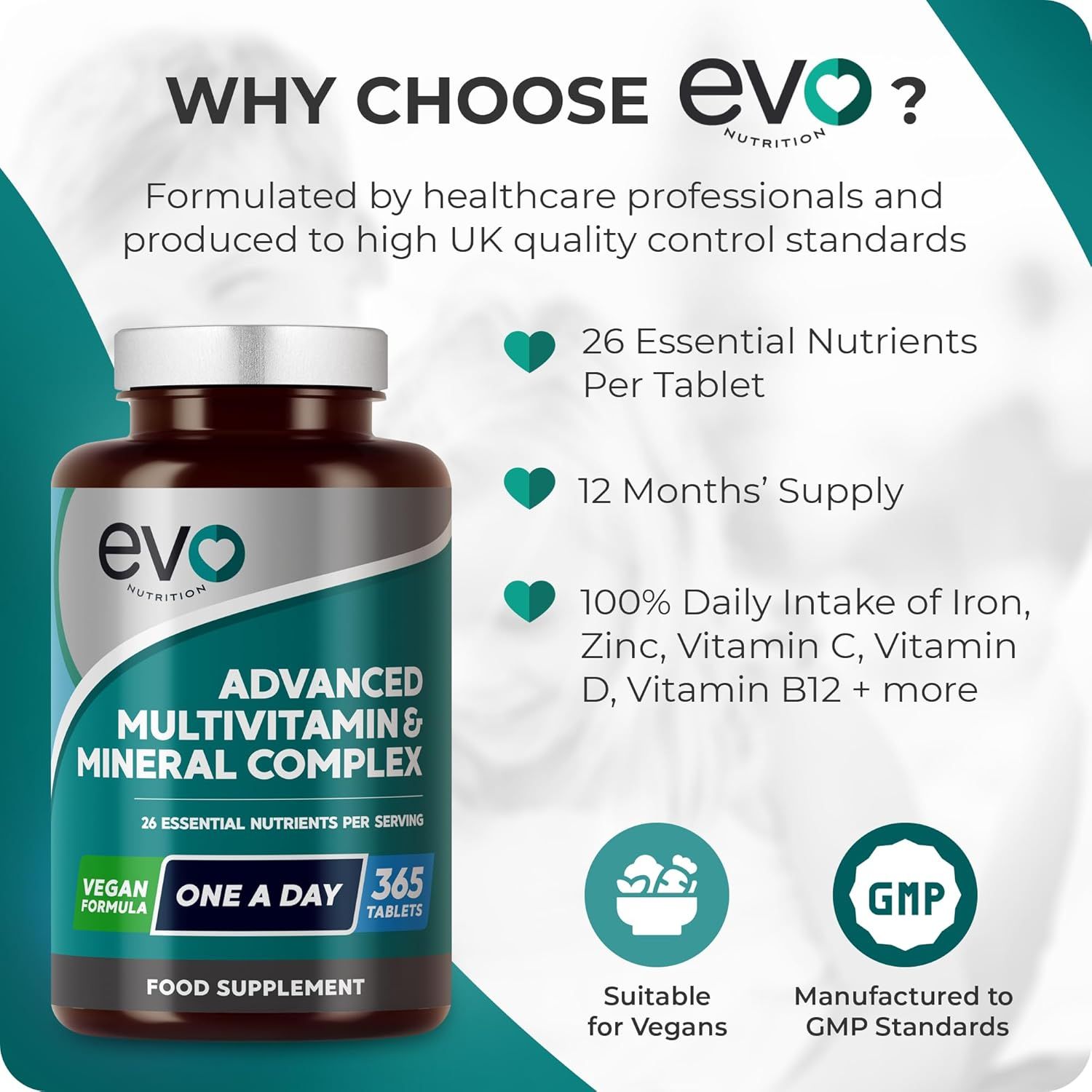 EVO NUTRITION Multivitamins & Minerals - 365 Vegan Multivitamin Tablets | 1 Year Supply | Multivitamin Tablets for Men & Women with 26 Essential Active Vitamins & Minerals | Made in The UK_1