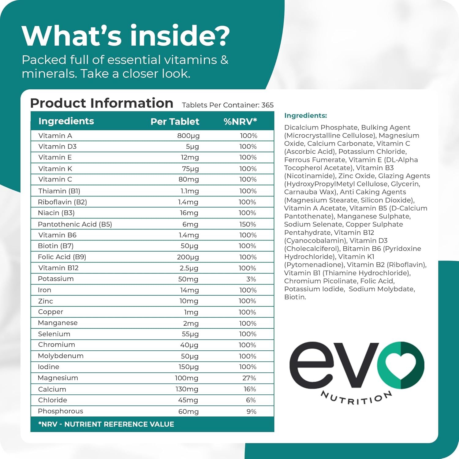 EVO NUTRITION Multivitamins & Minerals - 365 Vegan Multivitamin Tablets | 1 Year Supply | Multivitamin Tablets for Men & Women with 26 Essential Active Vitamins & Minerals | Made in The UK_5