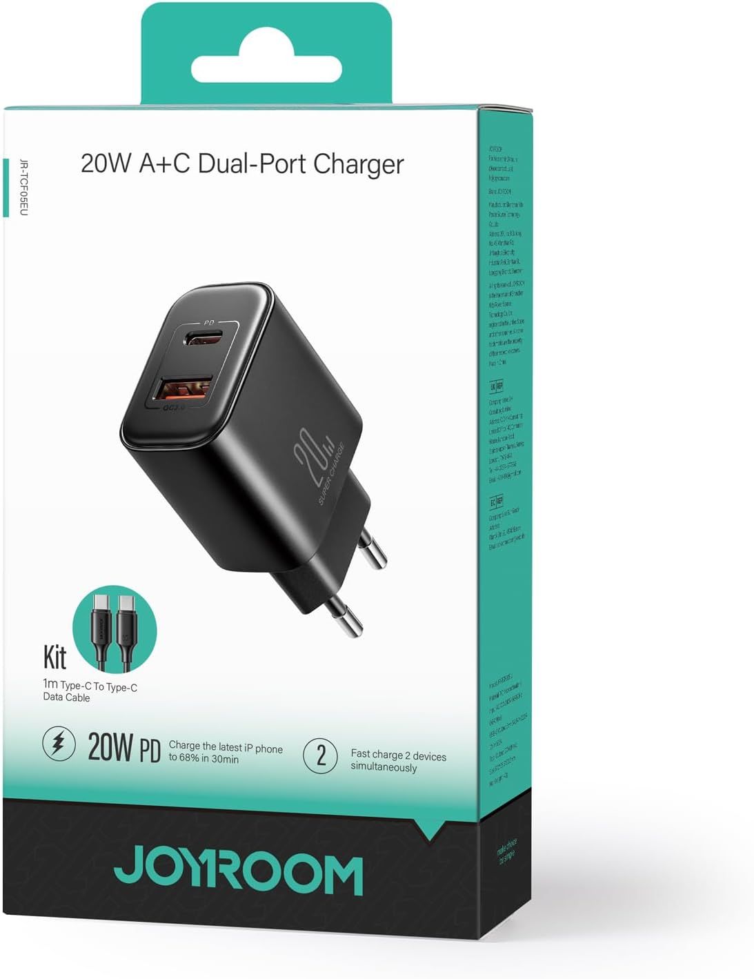 Joyroom JR-TCF05 20W Dual-Port EU Charger with C to C Cable, 1 Meter Length, Black|12 Months Warranty_1