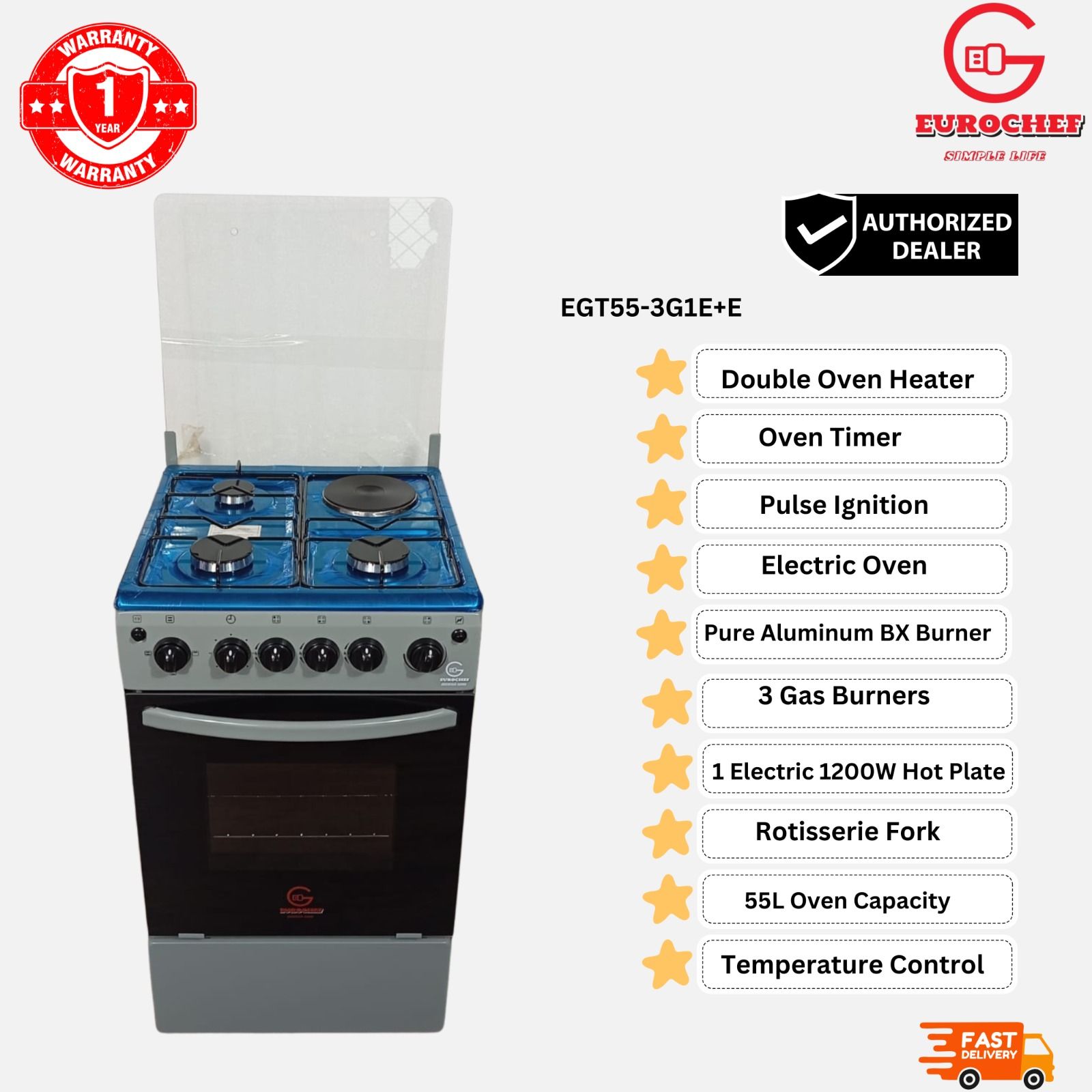 Eurochef Free Standing 3 Gas Burner +1 Electric Cooker With electric Oven_0