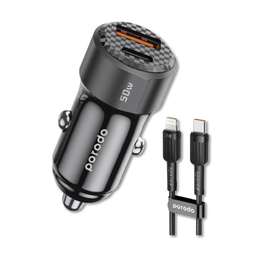 Porodo 50W Dual Port Car Charger PD 20W QC 30W with C to Lightning Cable_0