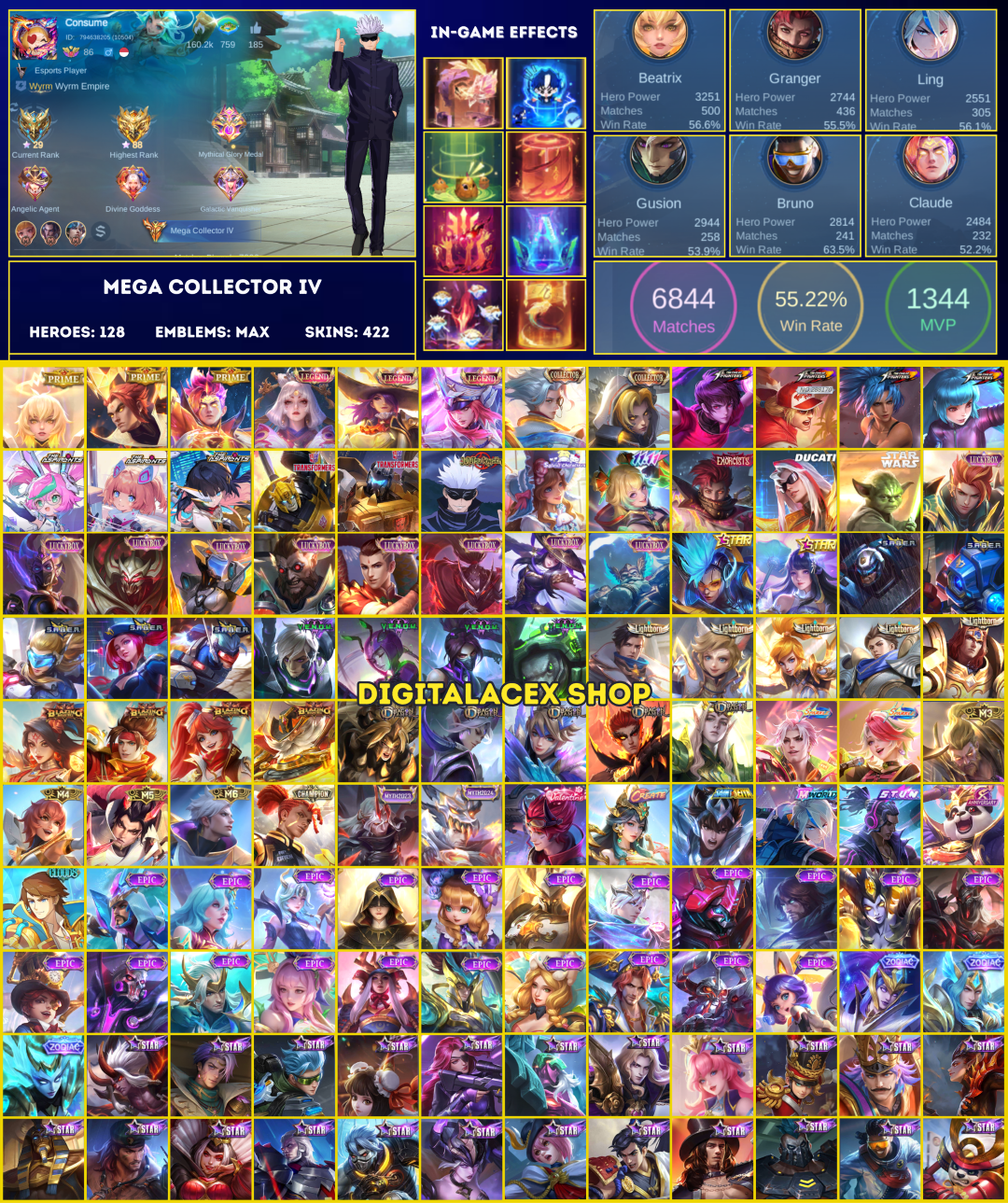 🔥Mega Collector 4⚡3 Prime💥3 Legend💥4 KOF💥3 Aspirant💥Exorcist Granger💥JJK Xavier🔥422 Skins🔥Mobile Legends Account🎮ML Account #379 [OH]_0