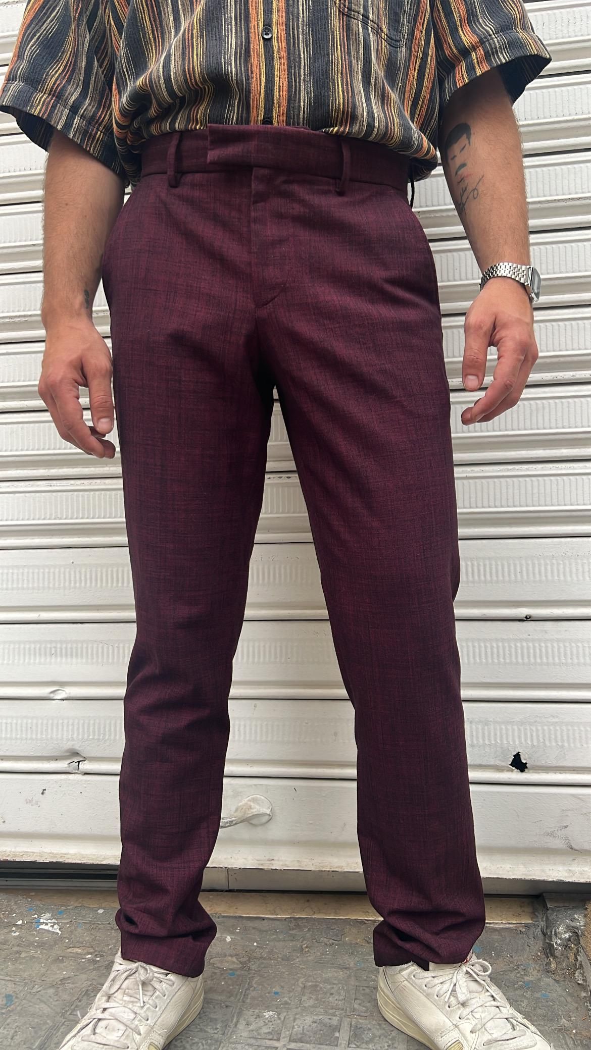 Burgundy Plaid Slim Fit Trousers_0