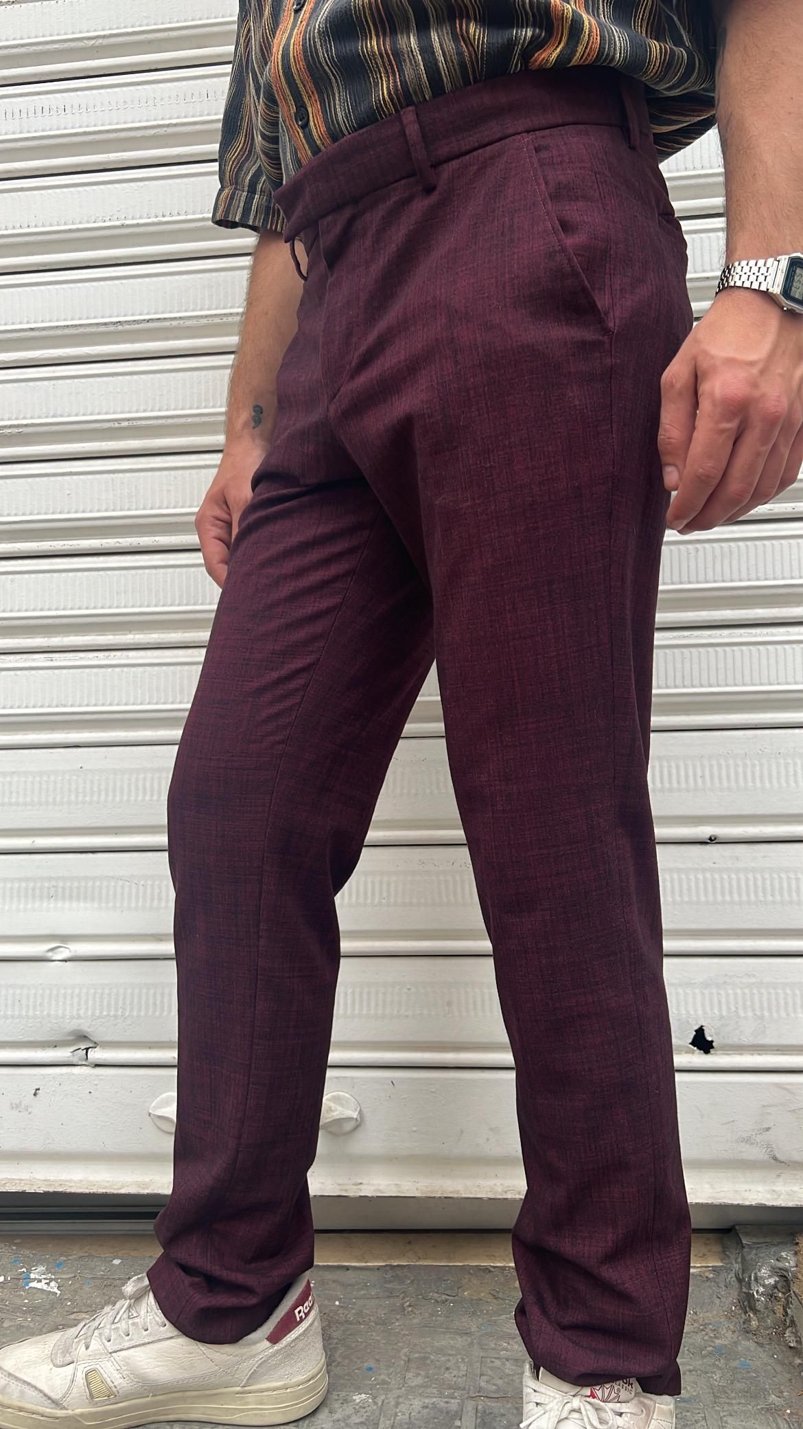 Burgundy Plaid Slim Fit Trousers_2