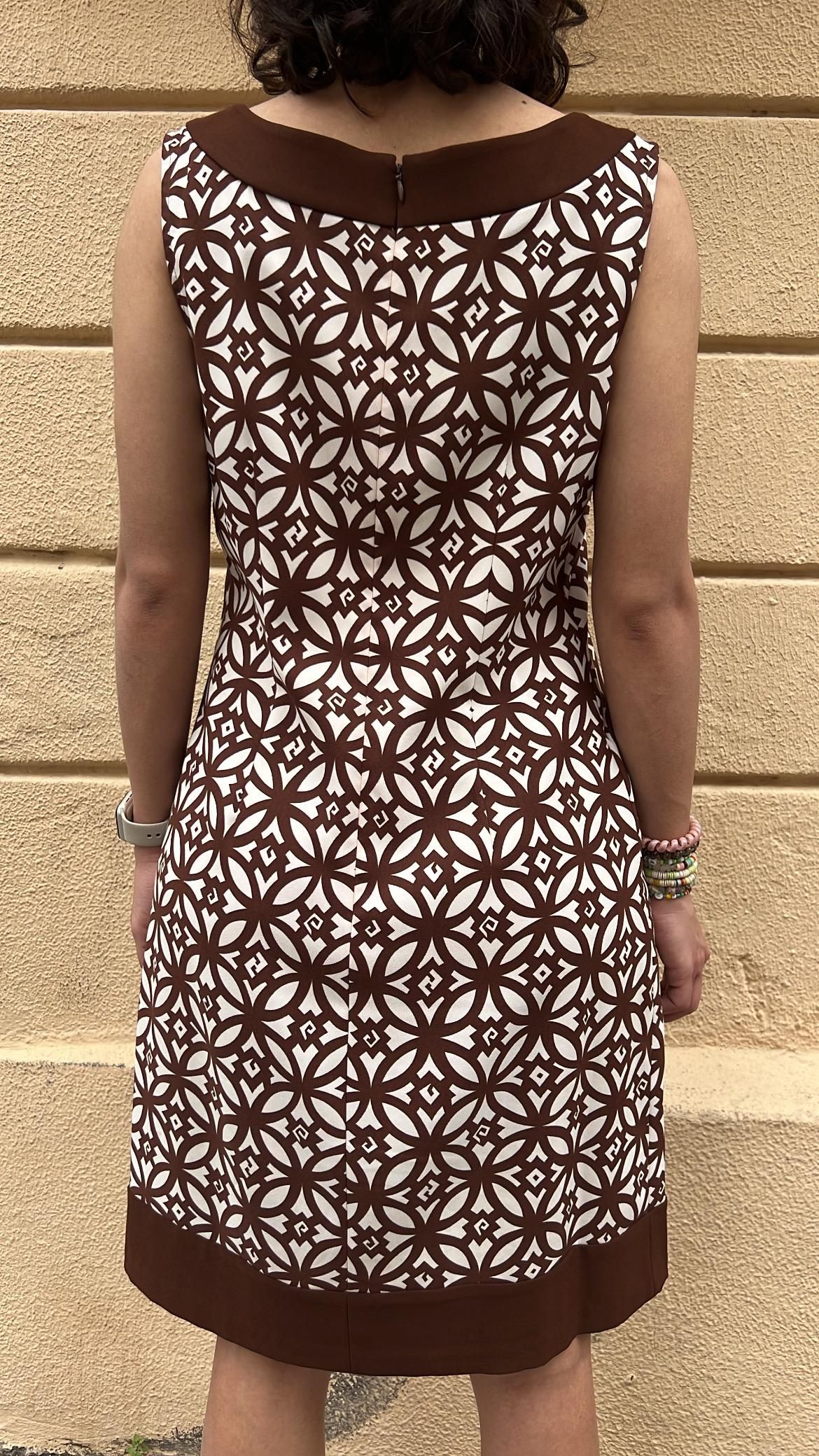 Brown and White Geometric Print Sleeveless Mini Dress _1