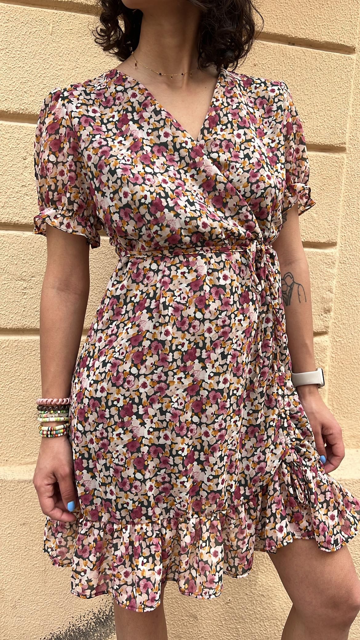 Floral Ruffle Hem Wrap Mini Dress _0