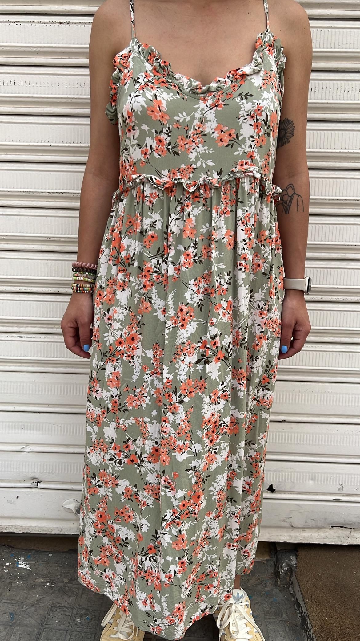Green White & Coral Floral Midi Dress_1