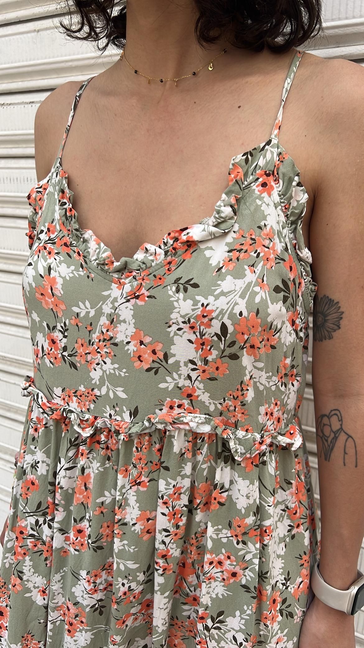 Green White & Coral Floral Midi Dress_0