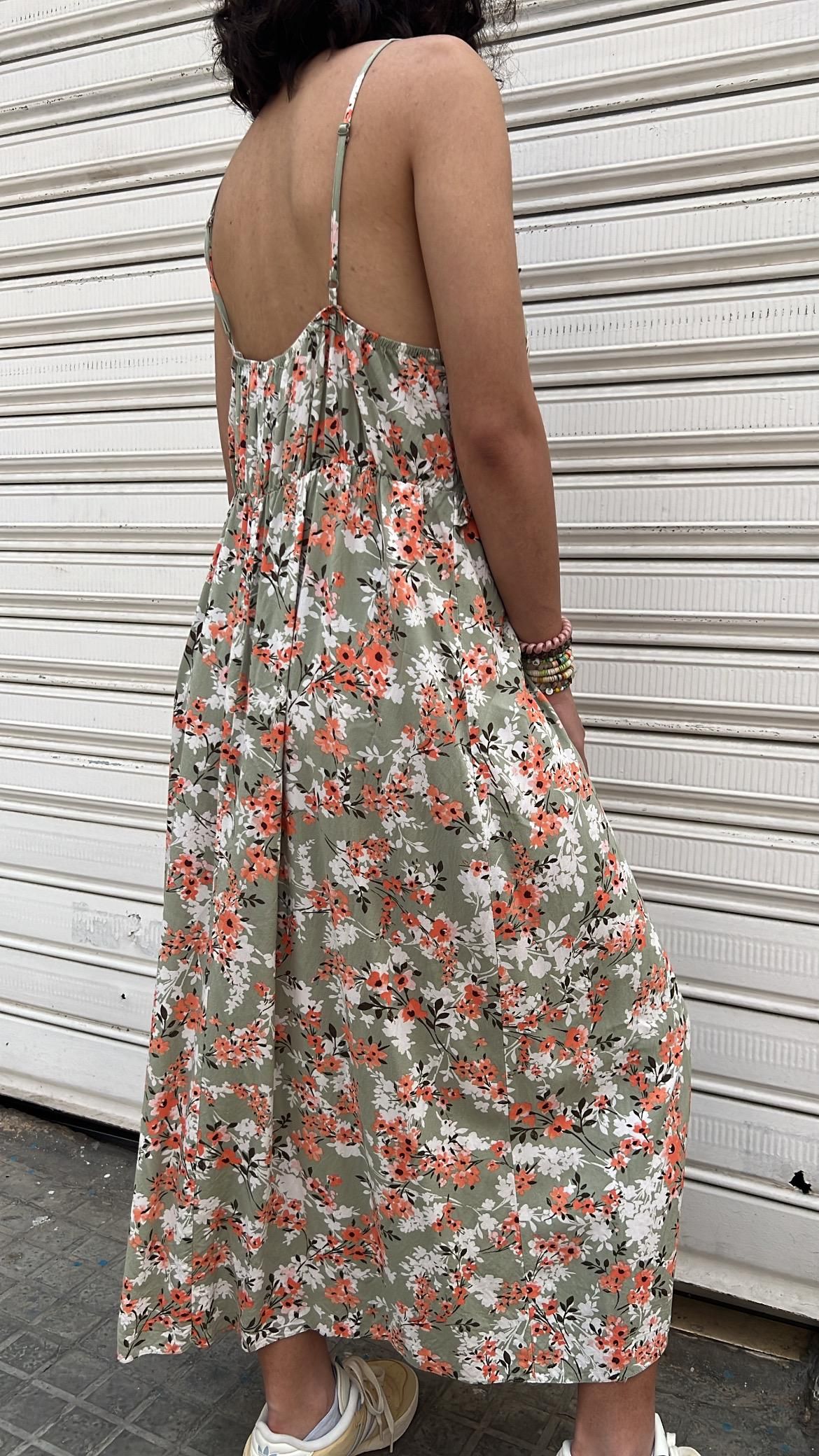 Green White & Coral Floral Midi Dress_2