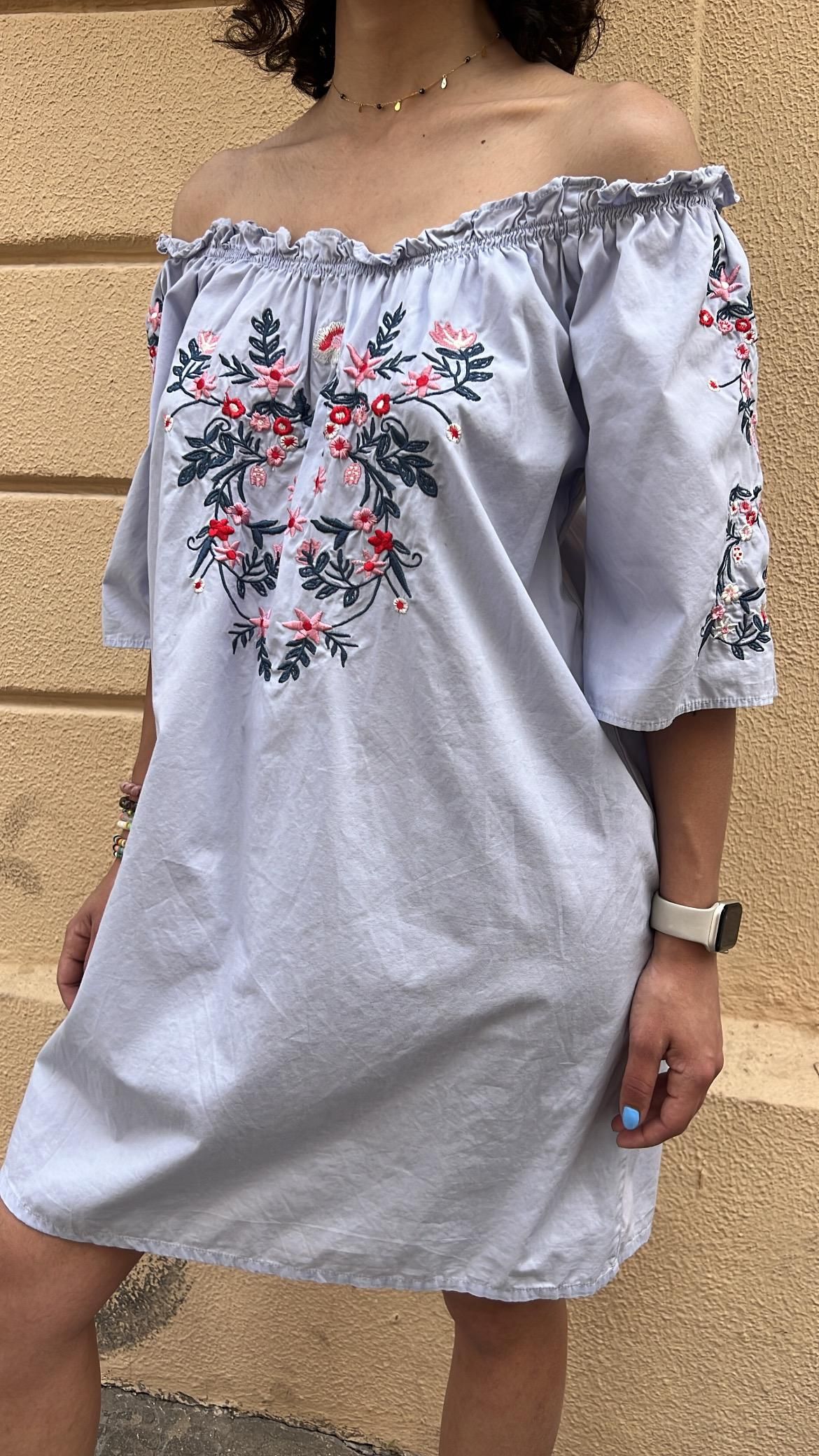 Embroidered Off-Shoulder Smocked Dress_1
