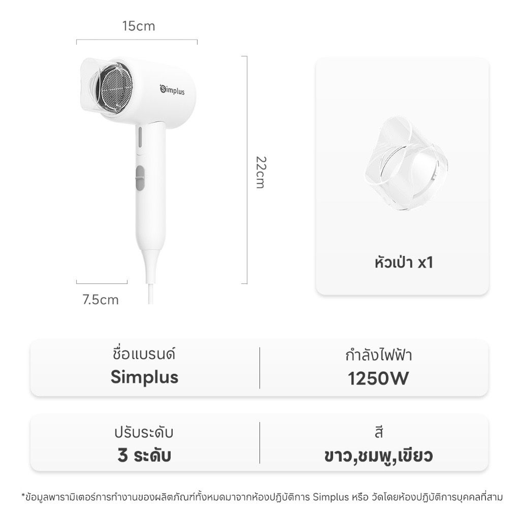 Simplus🎀 ไดร์เป่าผม พับได้ ไอออนลบ ดูแลเส้นผม กำลังไฟสูง 1250W ปรับอุณหภูมิได้ 3 ระดับ_2