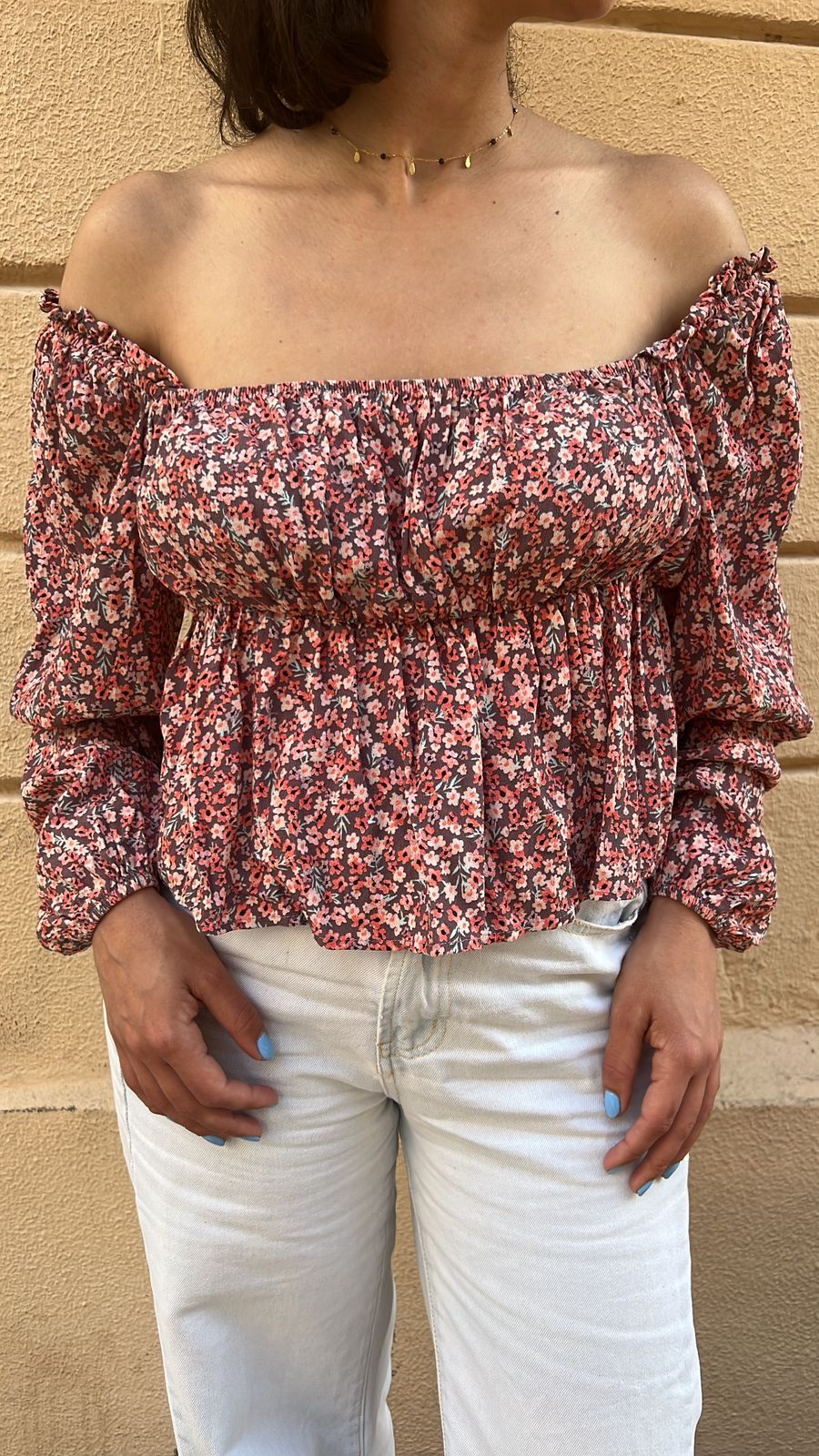 Floral Long Sleeve Blouse - On/Off Shoulder Top_1