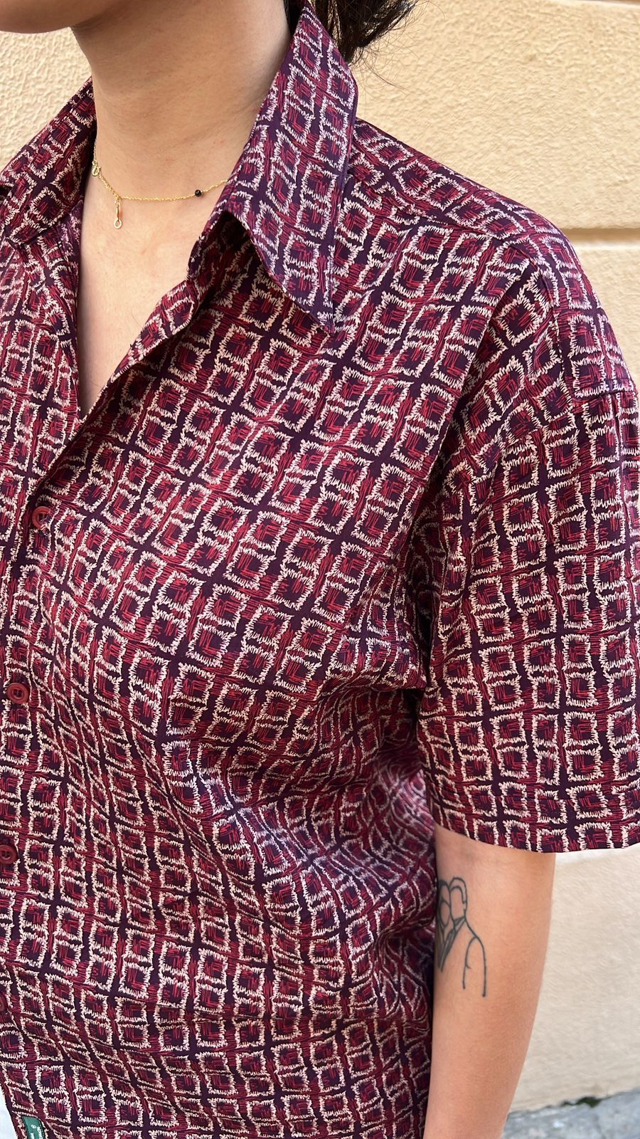 Dark Red & Black Square Pattern Short Sleeve Shirt_1