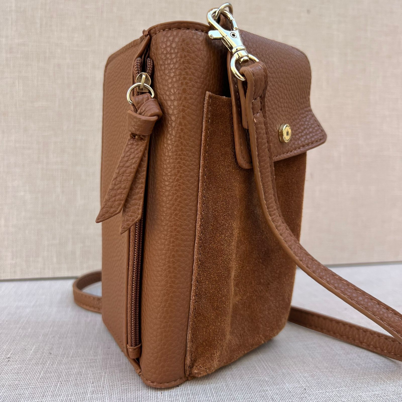Brown Suede & Leather Cell Phone Crossbody Bag with Card Slots_3