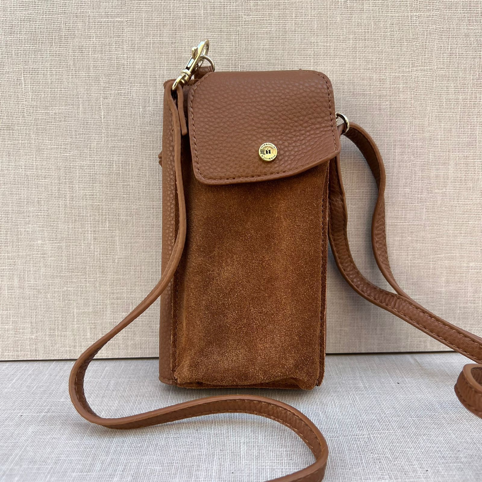 Brown Suede & Leather Cell Phone Crossbody Bag with Card Slots_0